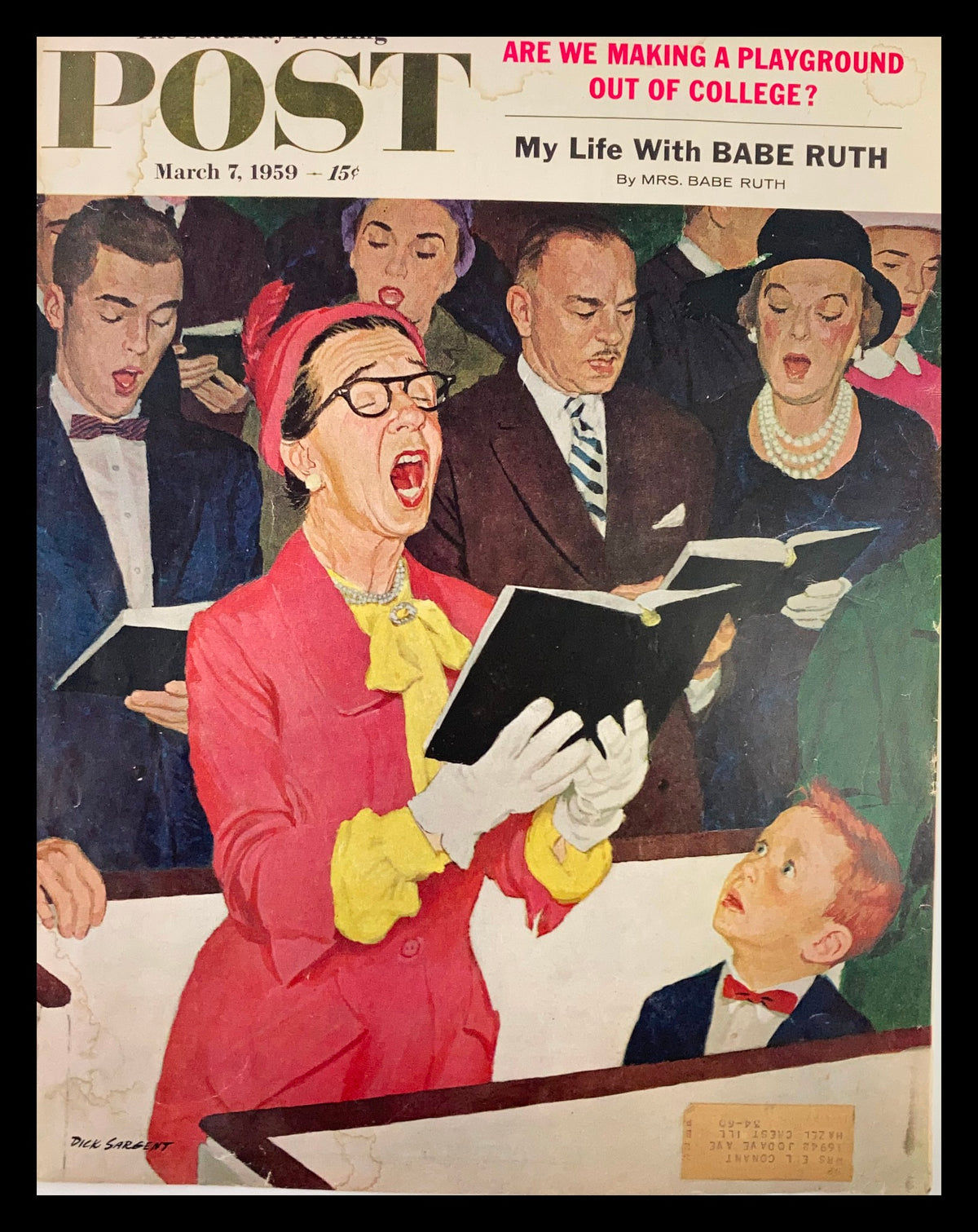 COVER ONLY The Saturday Evening Post March 7 1959 featuring an illustration of a choir singing, showcasing vibrant characters in expressive poses, highlighted by a woman in a pink outfit and gloves, celebrating the iconic Babe Ruth.