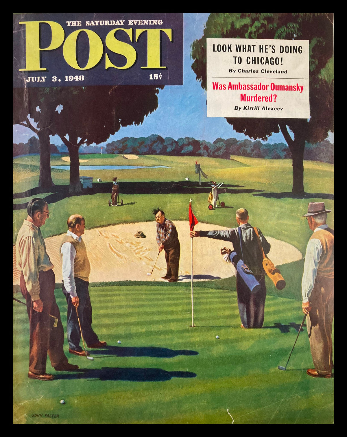 Cover of The Saturday Evening Post dated July 3, 1948, featuring artwork by Konstantin Umansky, showcasing a golfing scene with several men interacting on the green.