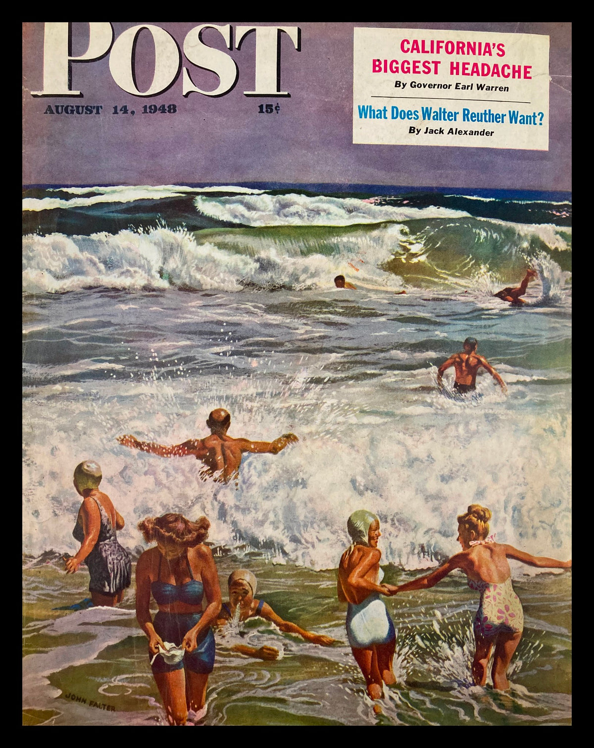 Cover Only The Saturday Evening Post August 14 1948 featuring California's Biggest Headache with a vibrant beach scene depicting people enjoying the ocean waves, ideal for collectors of vintage magazine art.