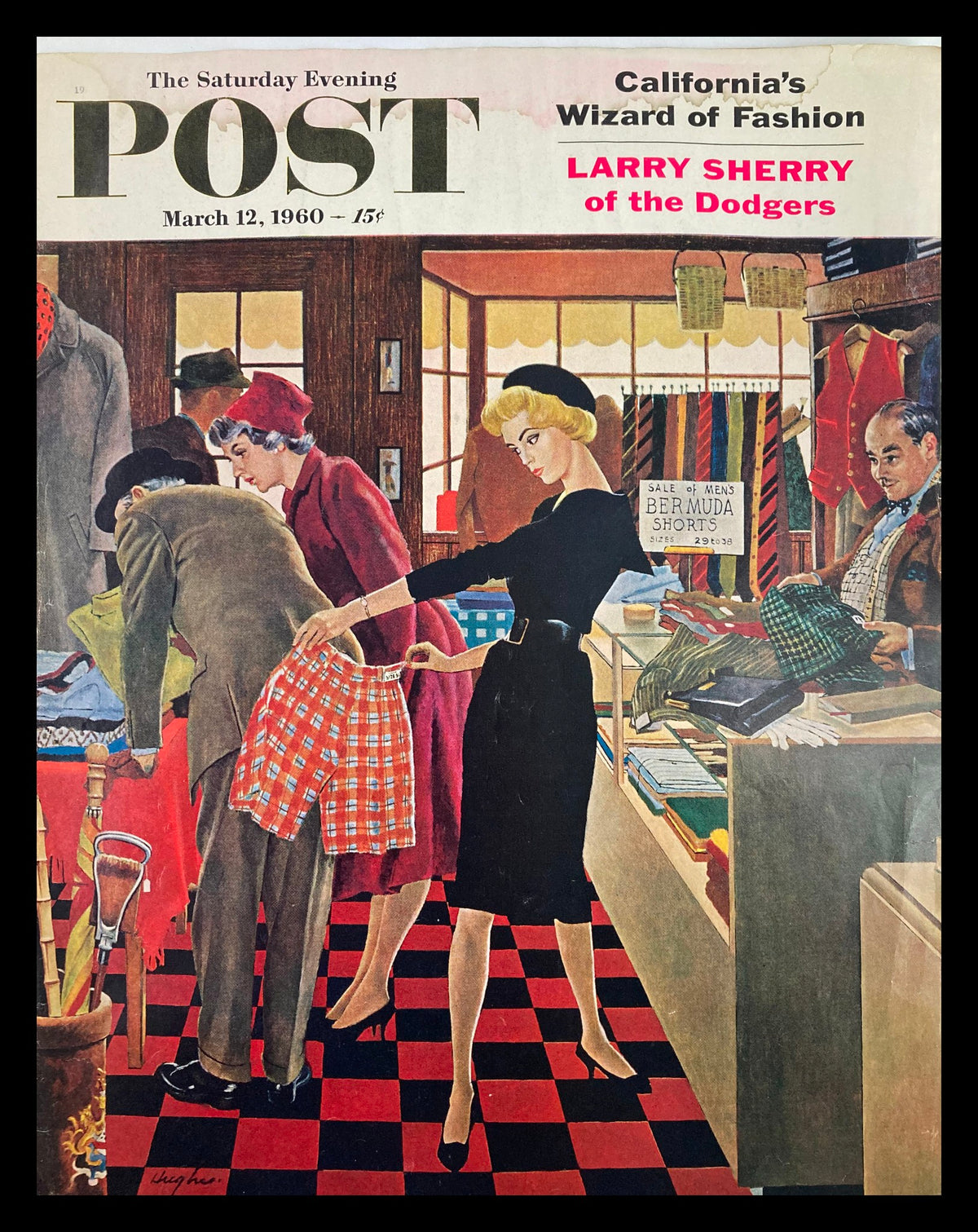 The Saturday Evening Post March 12 1960 Cover by Larry Sherry showcasing a fashionable woman selecting shorts, representing 1960s vintage style.
