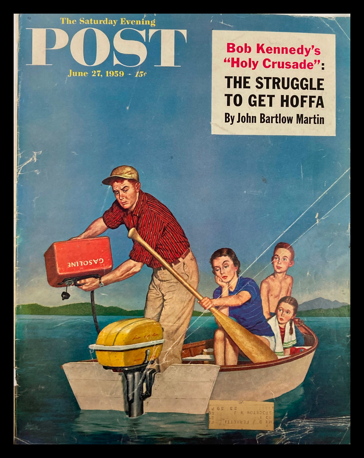 Vintage cover of The Saturday Evening Post from June 27, 1959, featuring Bob Kennedy's 'Holy Crusade'. Depicts a family in a boat with a man pouring gasoline into a motor, capturing a nostalgic Americana scene.