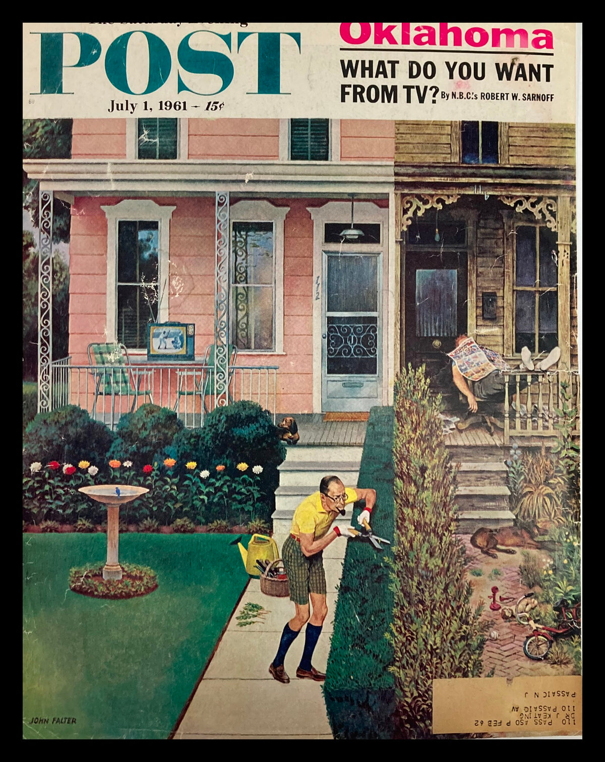 Cover image of The Saturday Evening Post, July 1, 1961, titled 'What Do You Want From TV?', featuring a man gardening, surrounded by colorful flowers and a birdbath, capturing a nostalgic piece of Americana.