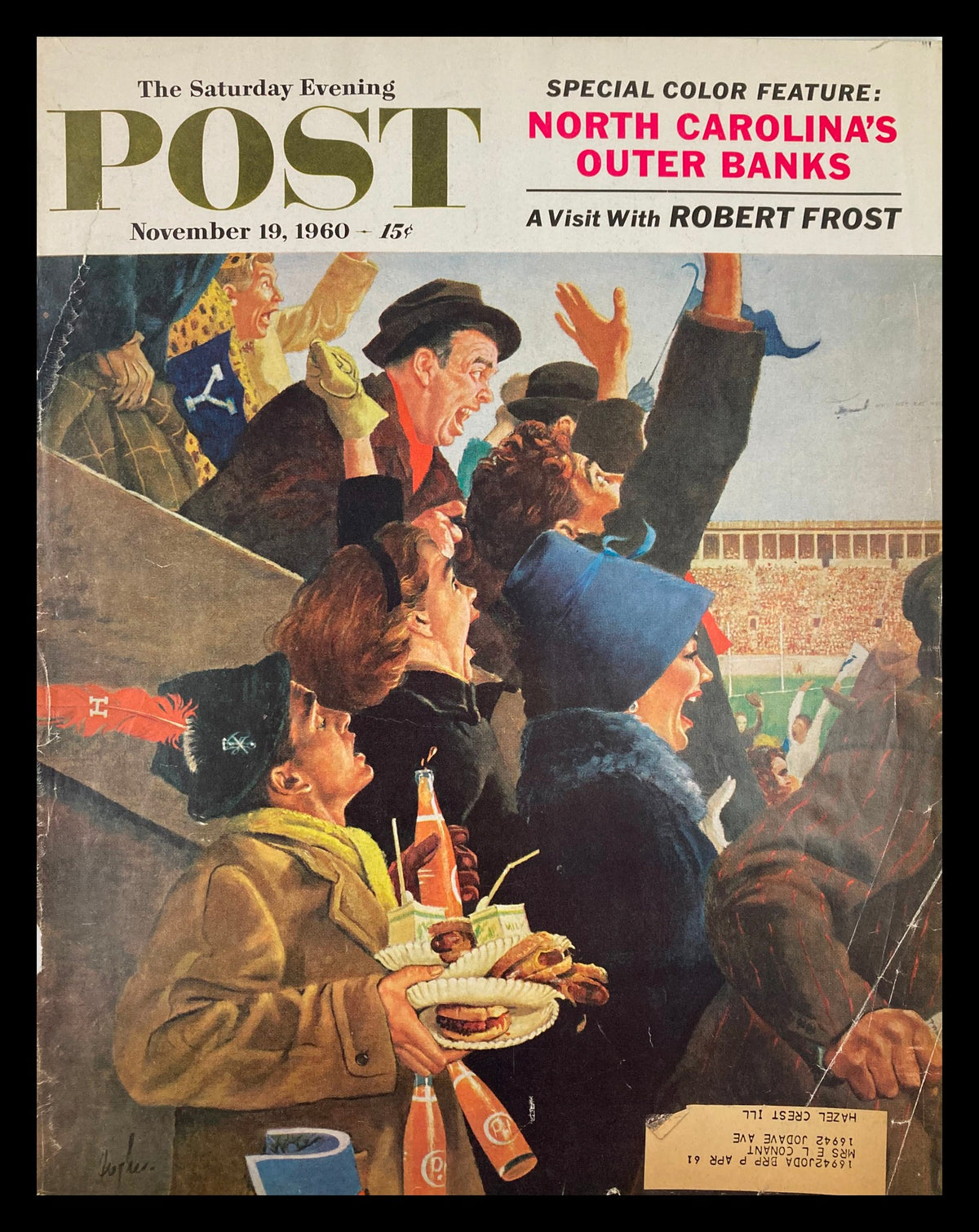 Cover of The Saturday Evening Post November 19, 1960, featuring a visit with Robert Frost, showcasing an excited crowd at an event with snacks and drinks.