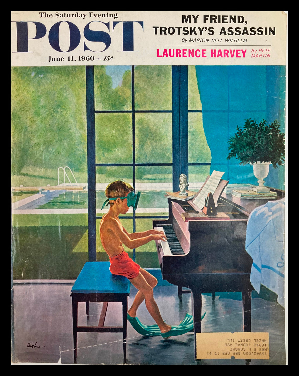 Cover of The Saturday Evening Post June 11, 1960, titled 'My Friend, Trotsky's Assassin' featuring a boy at a piano wearing goggles and flippers, with a swimming pool in the background.