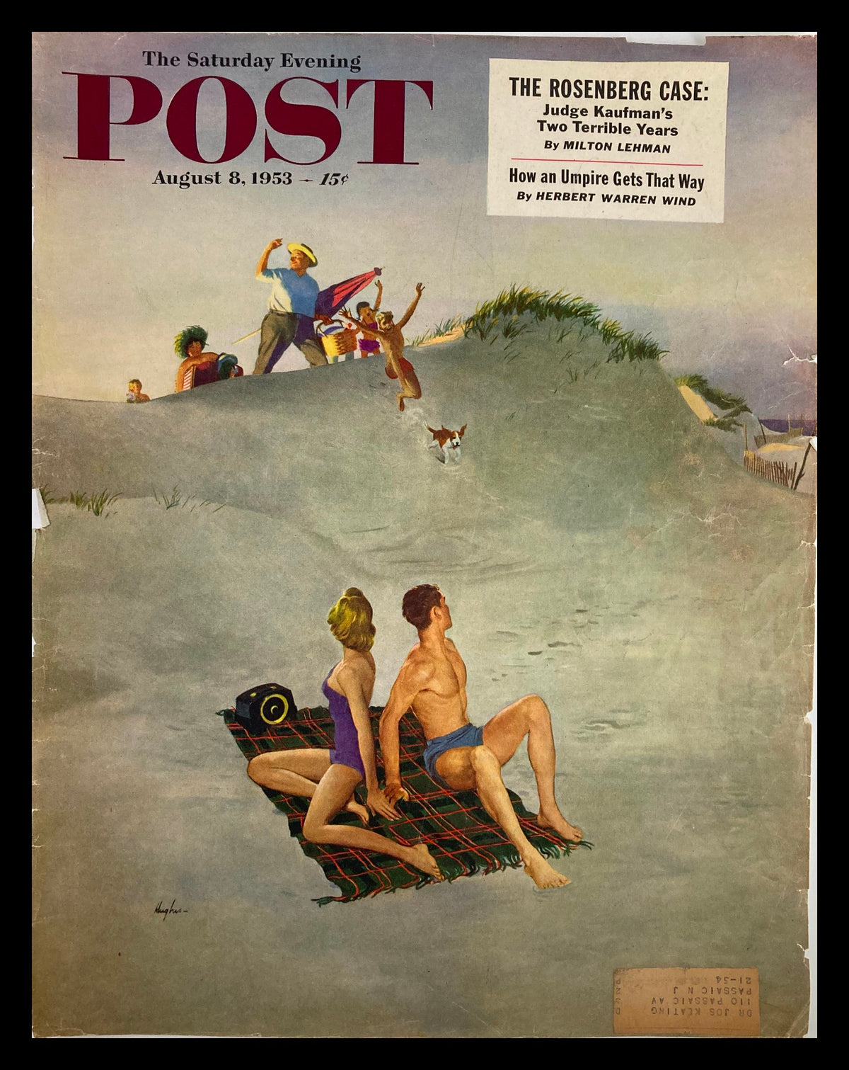 Cover of The Saturday Evening Post dated August 8, 1953, featuring the headline 'The Rosenberg Case.' The illustration shows a couple sitting on a blanket by the water, enjoying a day at the beach, while others engage in recreational activities in the background.