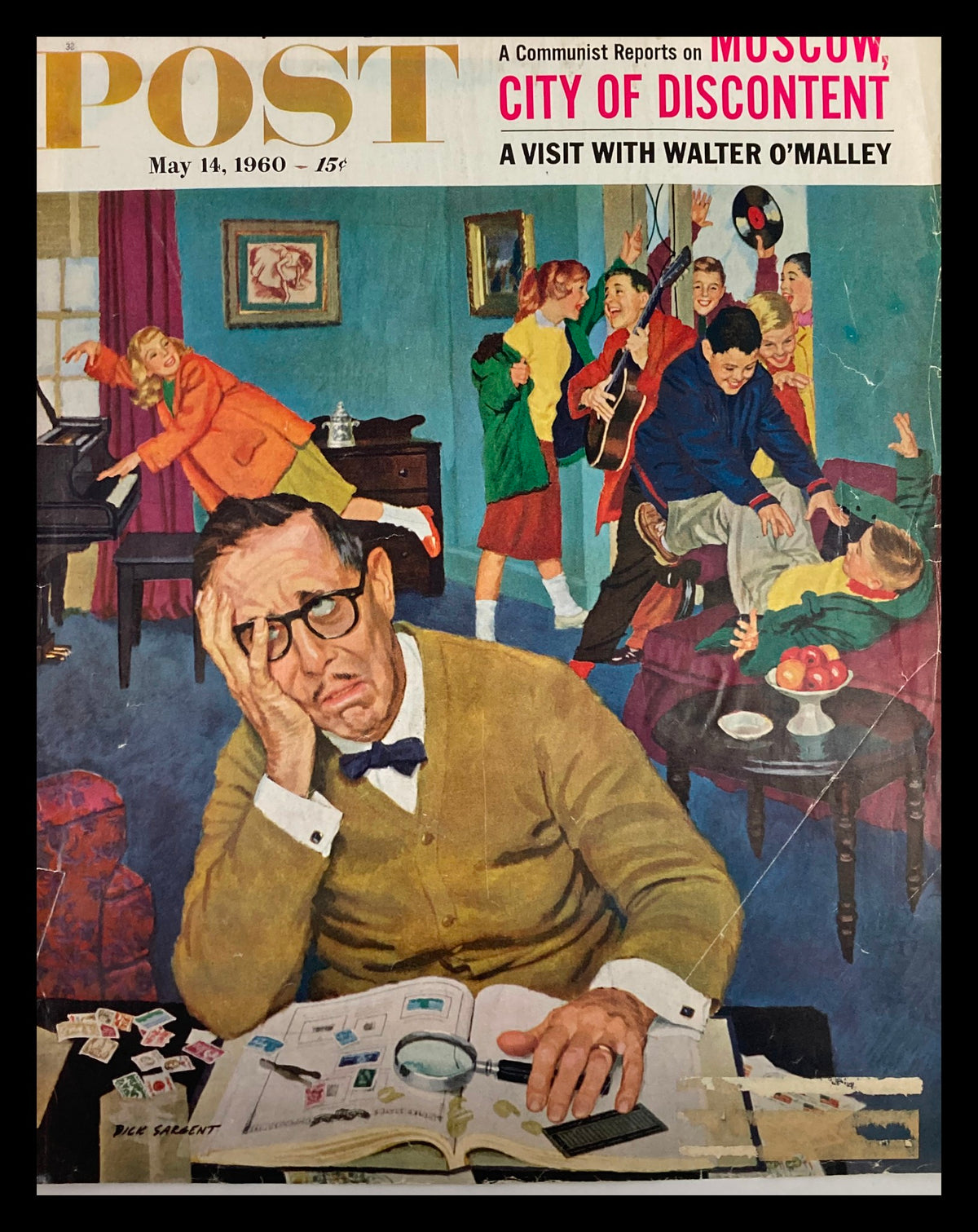 COVER ONLY The Saturday Evening Post May 14 1960 featuring an illustration of a distressed man at a desk surrounded by children playing, capturing the theme 'Moscow: City of Discontent.'