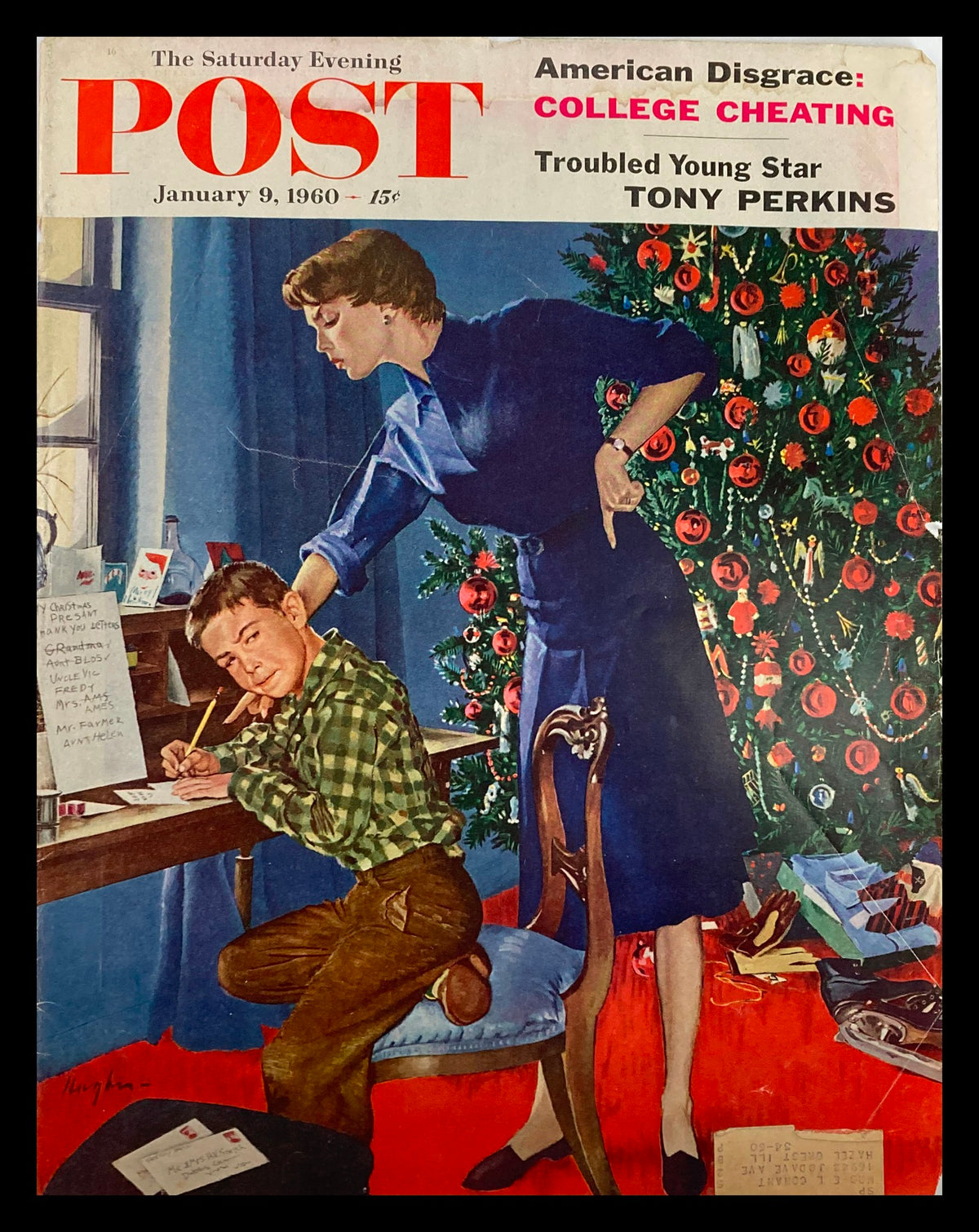 Cover of The Saturday Evening Post dated January 9, 1960, featuring Tony Perkins, showcasing a nostalgic scene of a young boy writing letters with a Christmas tree in the background.