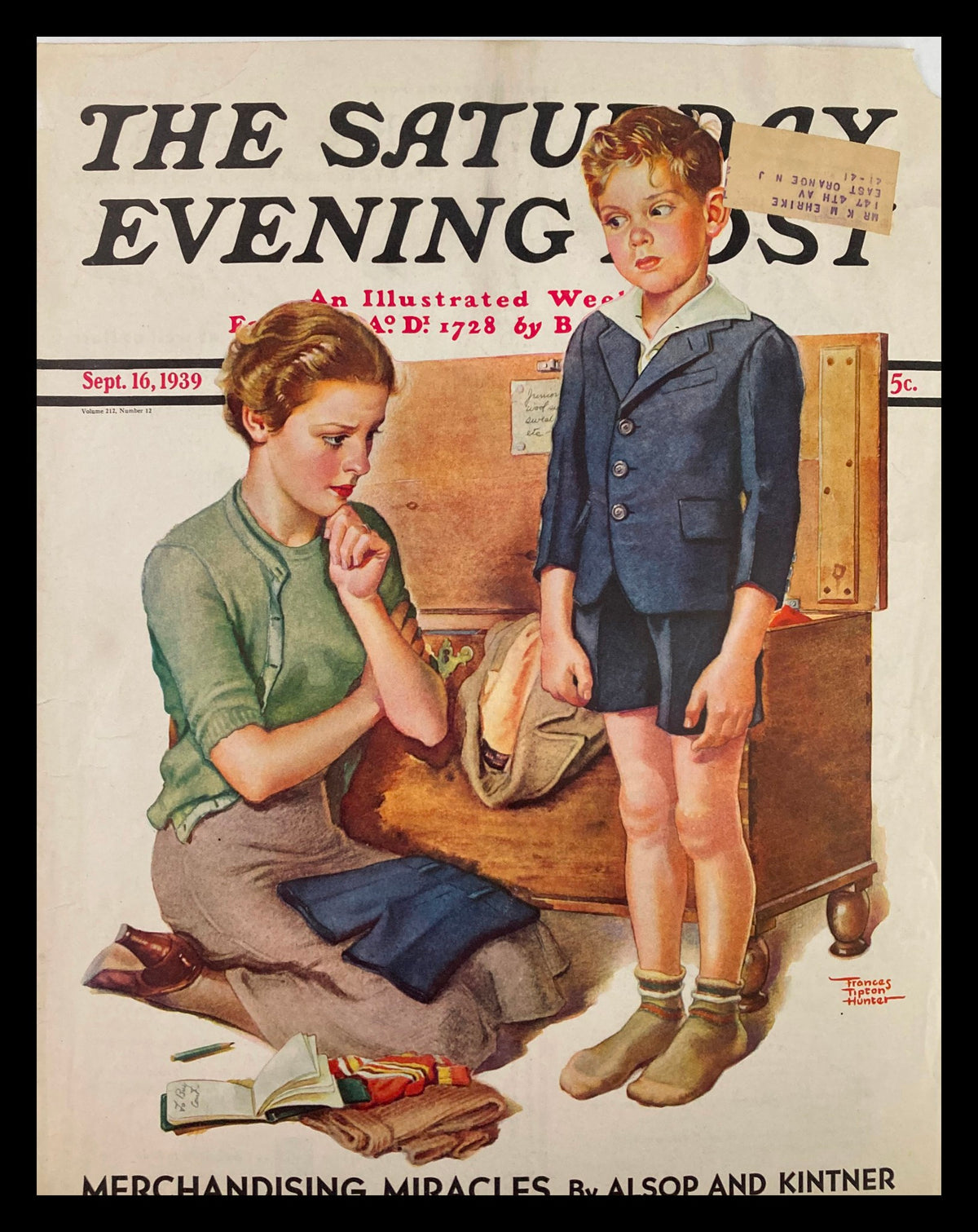 The Saturday Evening Post cover dated September 16, 1939, featuring the theme 'Merchandising Miracle'. The artwork showcases a thoughtful young woman sitting on the floor, alongside a boy in a formal suit, reflecting a moment of interaction involving merchandise, set in a nostalgic American setting.