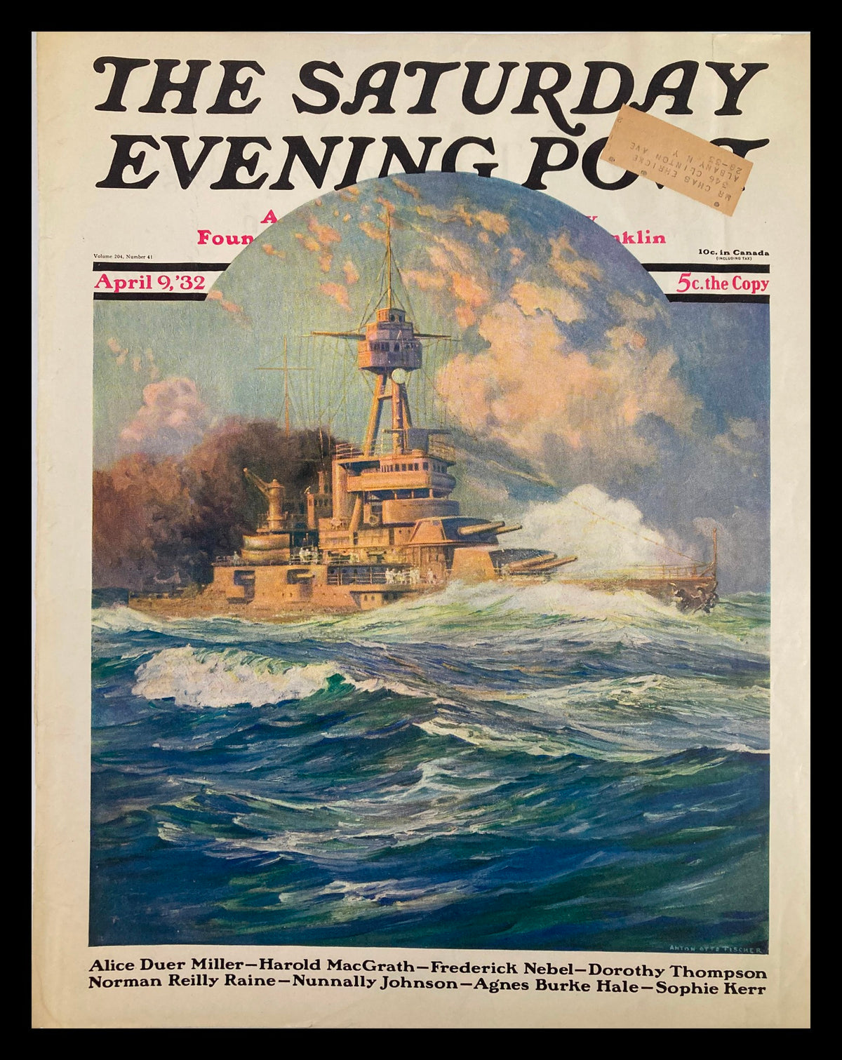 Cover only of The Saturday Evening Post dated April 9, 1932, featuring artwork by Agnes Burke Hale and Sophie Kerr, depicting a ship in turbulent waters, showcasing vintage design and historical significance.