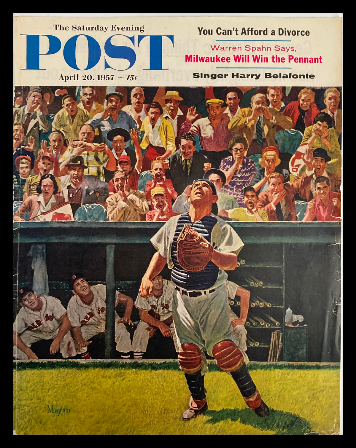 The Saturday Evening Post April 20 1957 Cover featuring singer Harry Belafonte and a lively baseball crowd.