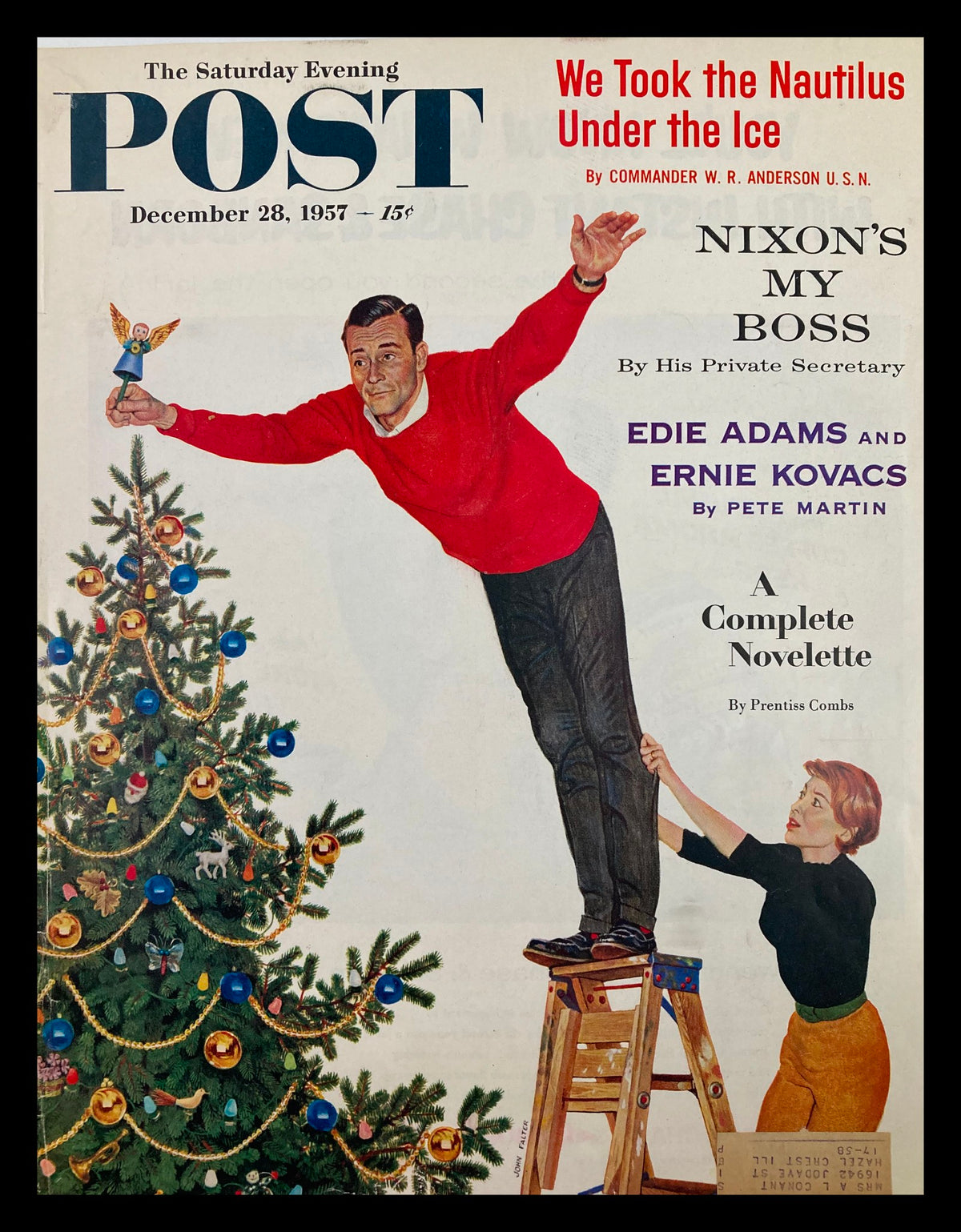 Cover art of The Saturday Evening Post dated December 28, 1957, featuring Edie Adams and Ernie Kovacs with a festive Christmas tree, highlighting mid-century pop culture.