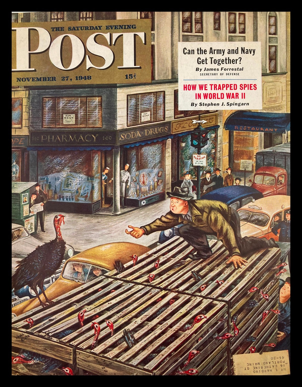 Cover of The Saturday Evening Post, November 27, 1948, featuring the title 'Can the Army and Navy Get Together?' with an illustration depicting a man with a turkey and onlookers in a vintage street setting.