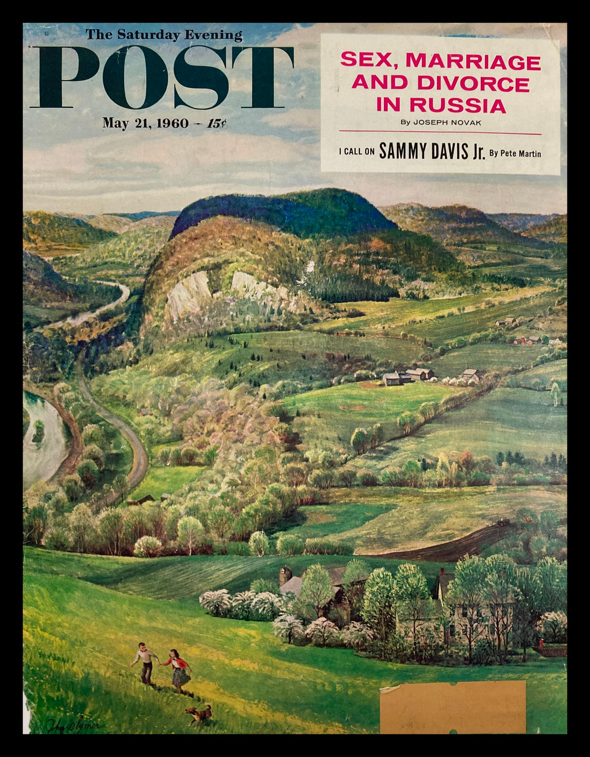 Cover of The Saturday Evening Post from May 21, 1960, featuring an illustration of a vibrant landscape with figures and a dog in a field, along with the title "I Call on Sammy Davis Jr." and an article heading on sex, marriage, and divorce in Russia.