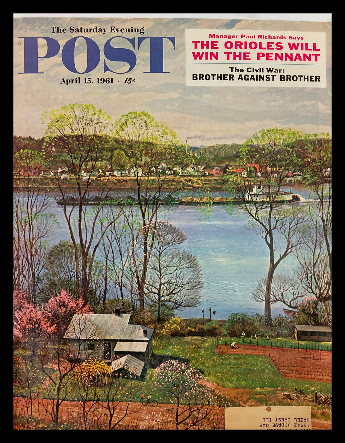 Cover of The Saturday Evening Post from April 15, 1961, featuring the headline 'The Orioles Will Win The Pennant' with a picturesque scene of trees and a river.