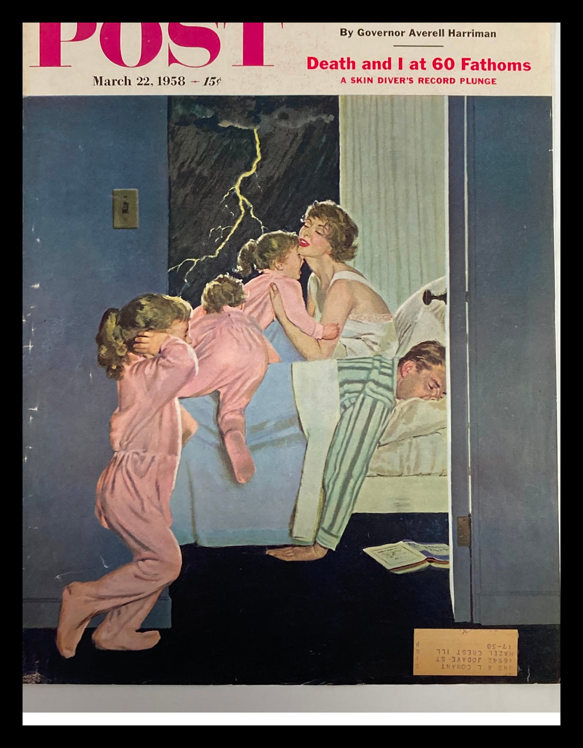 Vintage cover of The Saturday Evening Post dated March 22, 1958, featuring the title 'Death and I at 60 Fathoms' and an illustration depicting a woman and children in a dramatic scene with lightning in the background.