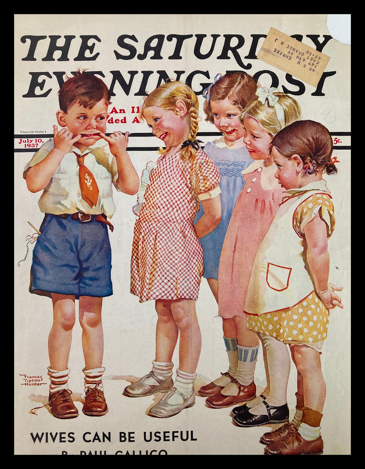 Vintage cover of The Saturday Evening Post dated July 10, 1937, illustrating a group of five children with the headline 'Wives Can Be Useful'. The charming artwork captures playful expressions and 1930s fashion.