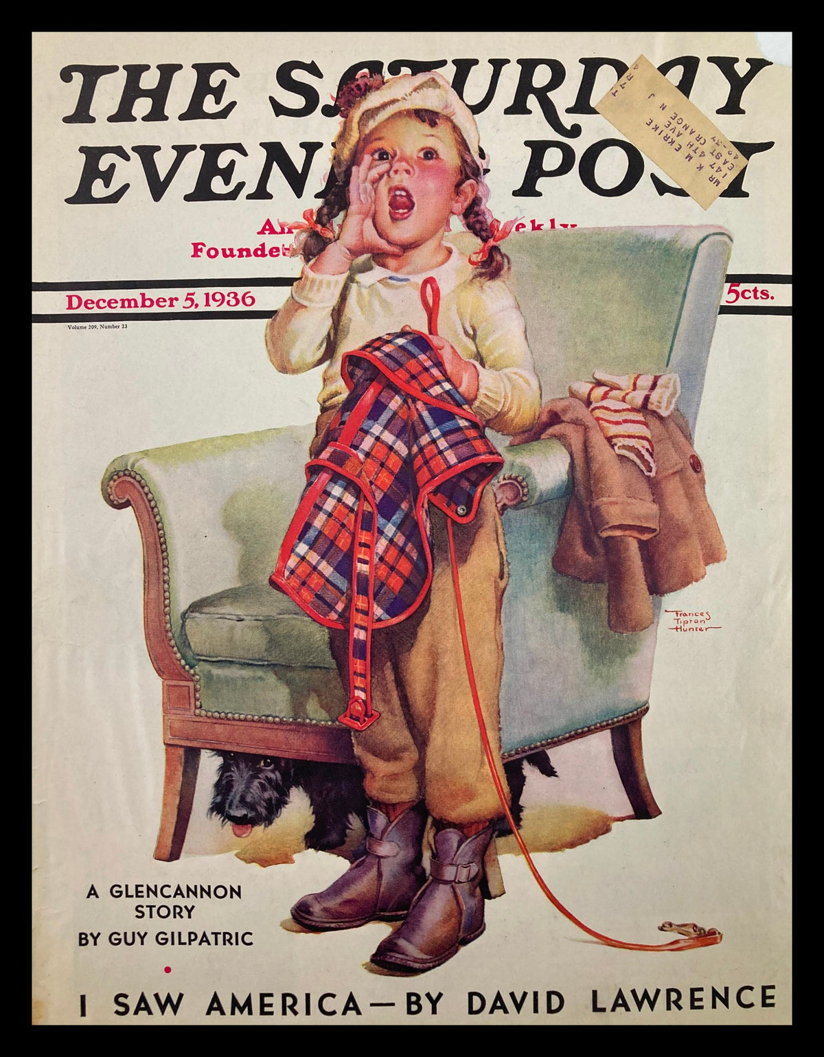 Cover only of The Saturday Evening Post from December 5, 1936, featuring an illustration of a young girl in a vintage setting, expressing excitement, titled 'I Saw America.'