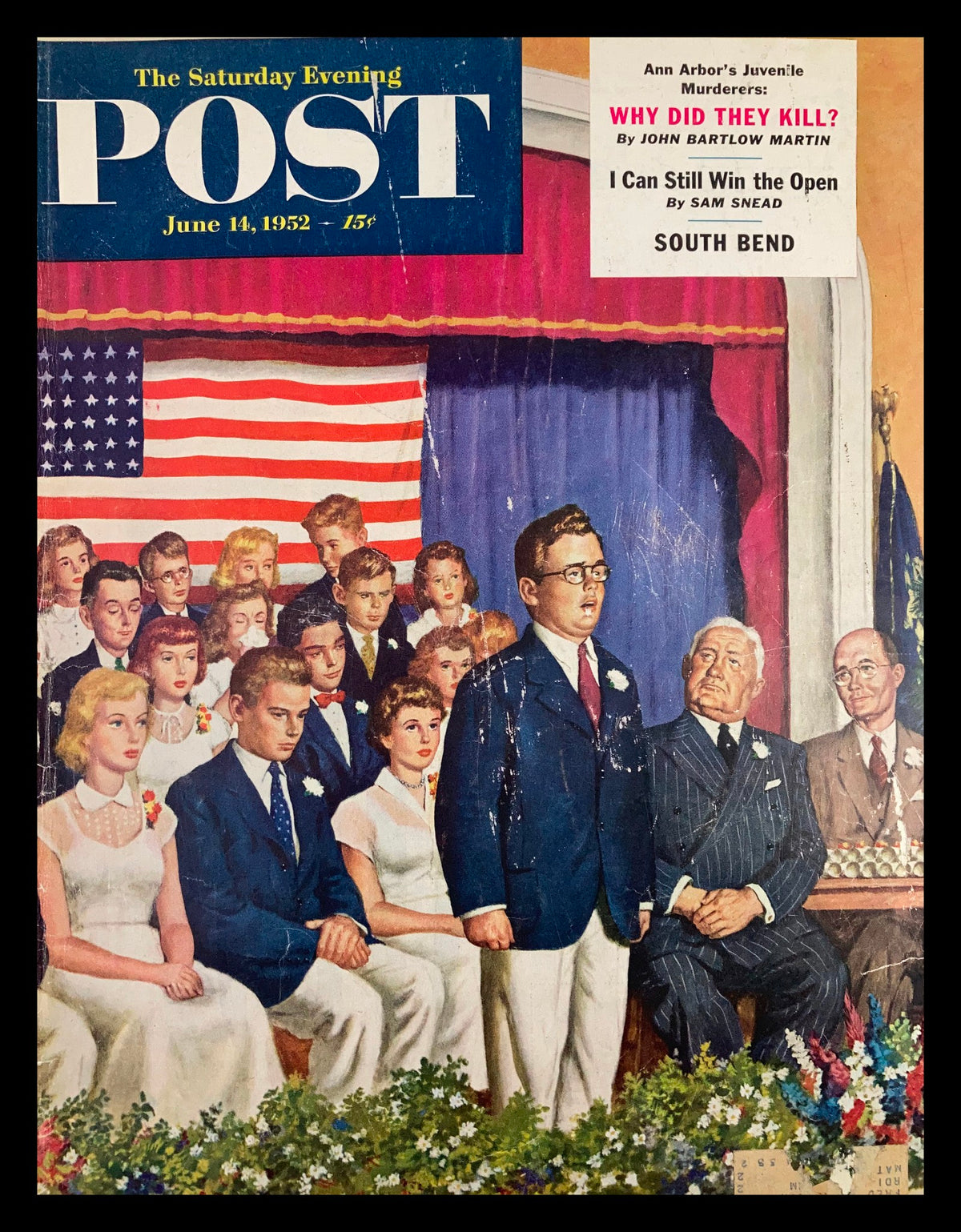 COVER ONLY The Saturday Evening Post June 13 1952 featuring an illustration depicting Ann Arbor's Juvenile Murderers, showcasing a courtroom scene with children in formal attire in front of an audience and American flag.