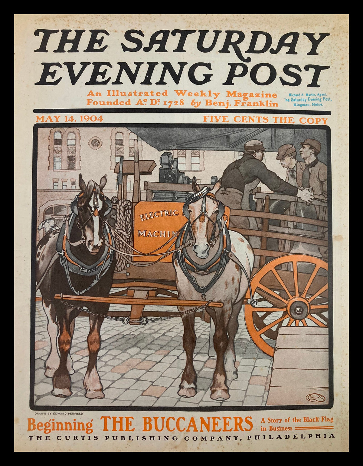 Cover of The Saturday Evening Post May 14 1904 featuring horses and an electric machine, marking the beginning of The Buccaneers.