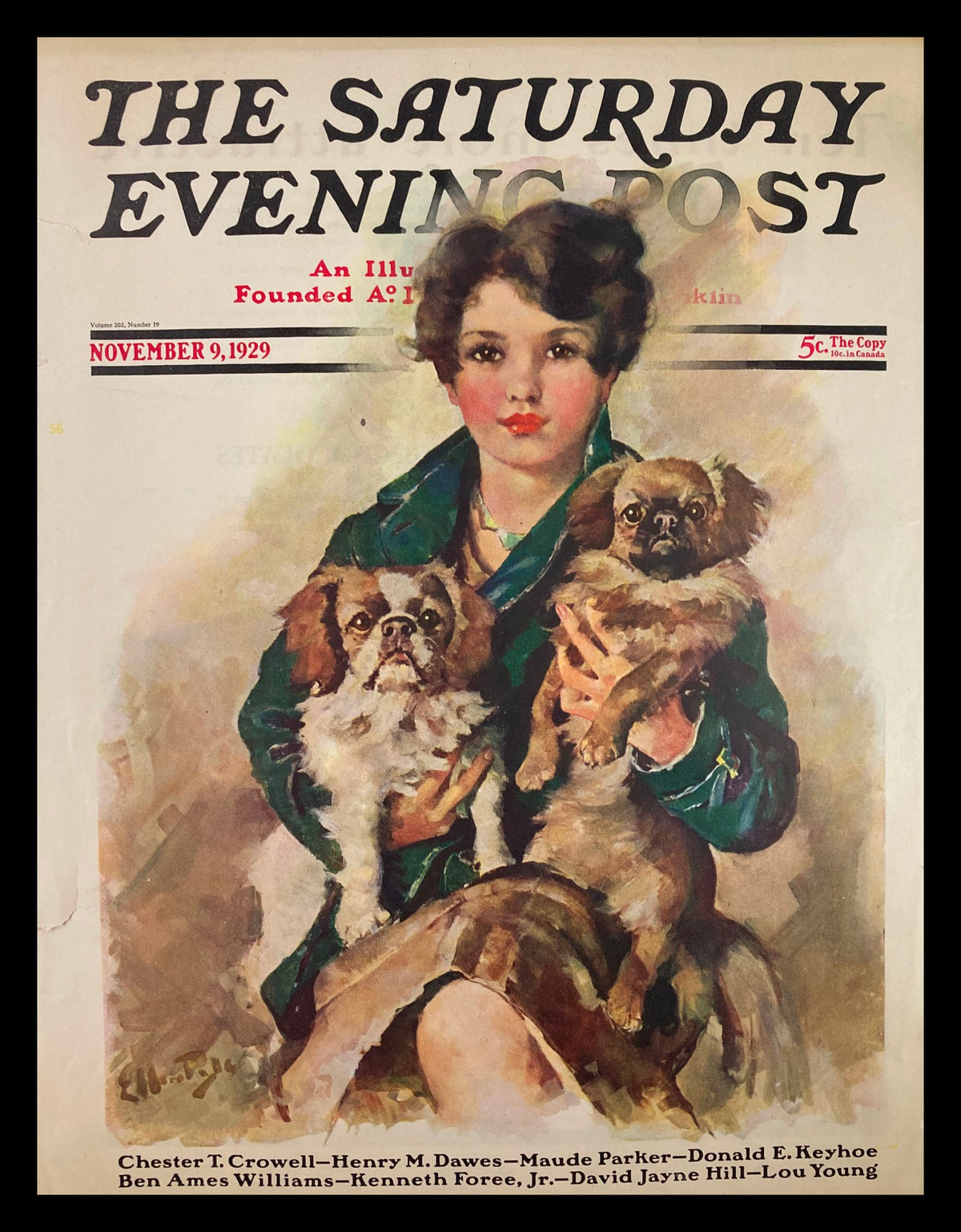 Classic cover of The Saturday Evening Post from November 9, 1929, featuring a young woman holding two dogs, celebrating the work of author Ben Ames Williams. A vintage piece ideal for collectors and fans of historical magazine art.