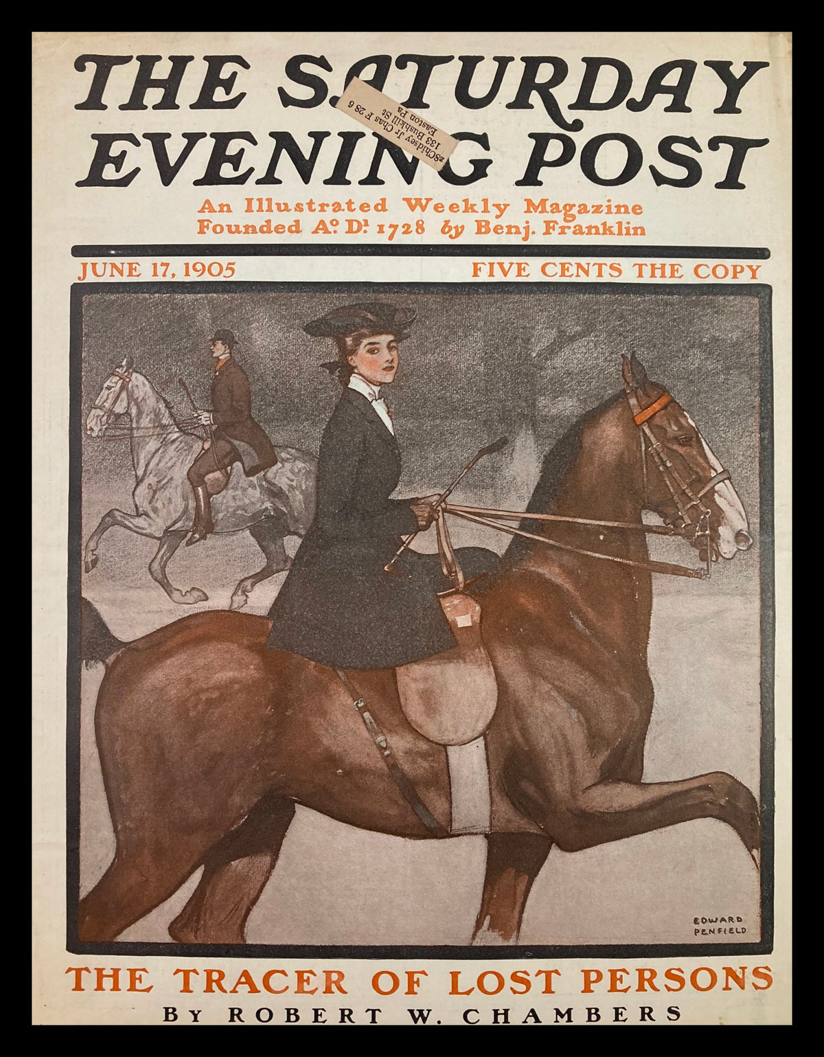 COVER ONLY The Saturday Evening Post June 17 1905 The Tracer of Lost Persons featuring a woman riding a horse, showcasing vintage magazine art from the early 20th century.