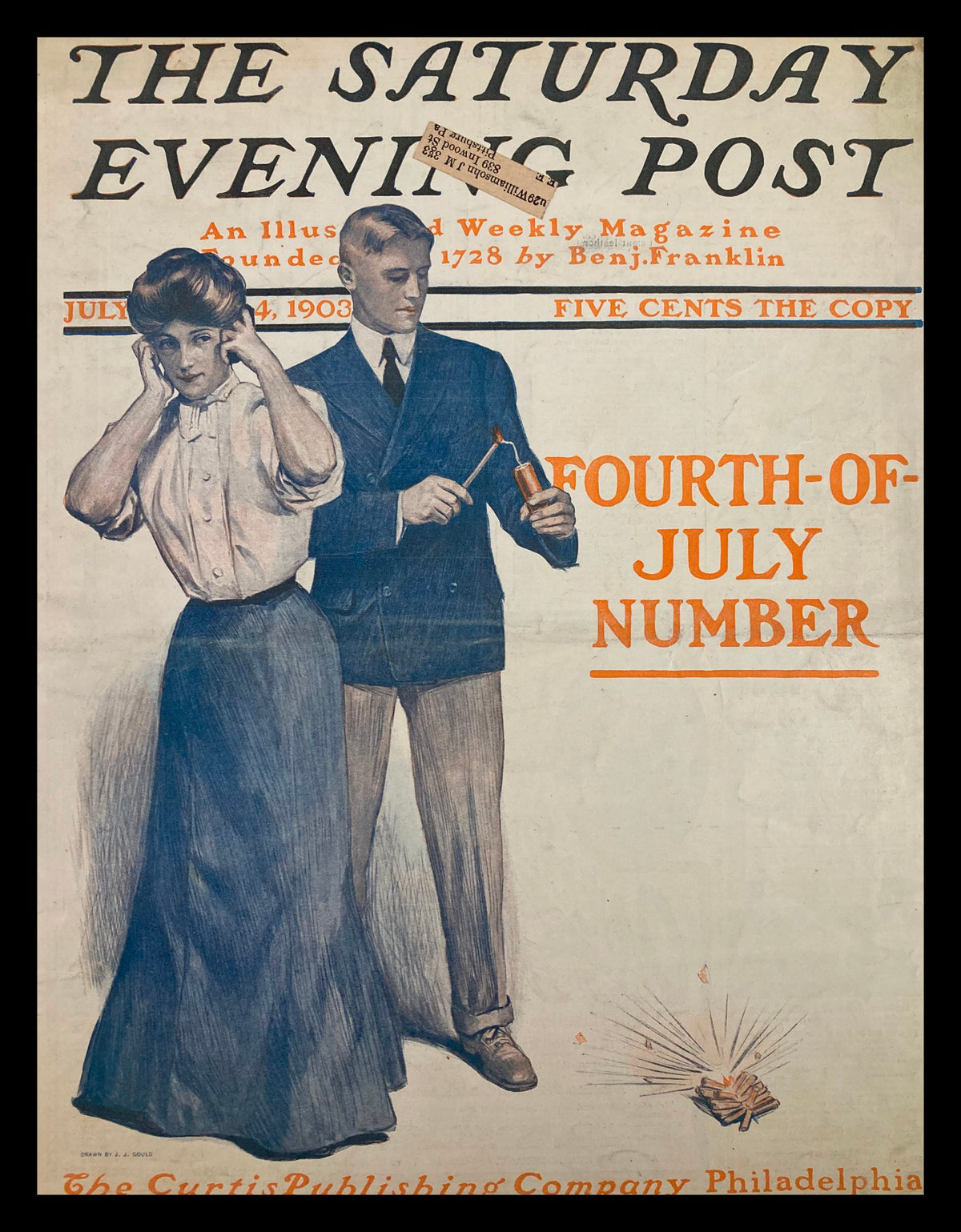 Cover of The Saturday Evening Post July 4 1903 Fourth-of-July Number, featuring a vintage illustration of a woman and man with fireworks, reflecting early 20th-century Americana.