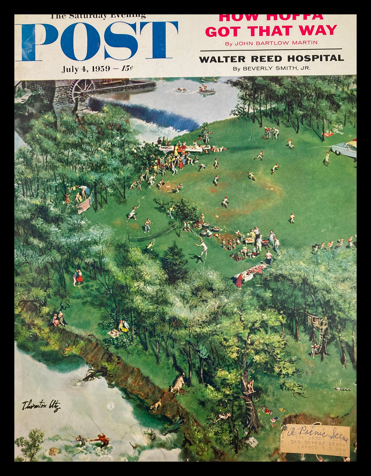 The Saturday Evening Post July 4 1959 Cover featuring a vibrant illustration of a picnic scene, capturing families enjoying leisure activities outdoors with a lake in the background. The cover headlines include "How Hoffa Got That Way" and "Walter Reed Hospital."