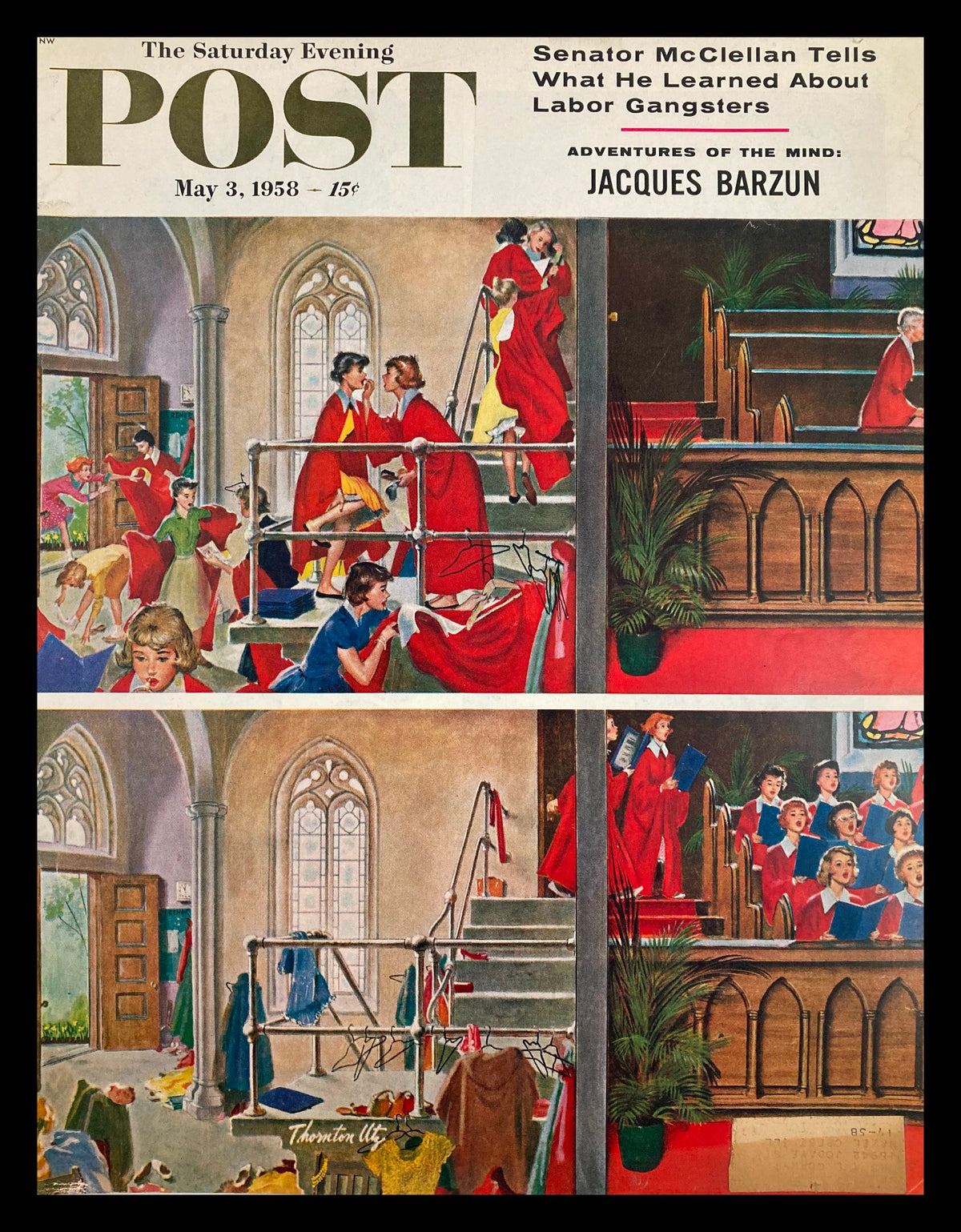 Vintage magazine cover of The Saturday Evening Post dated May 3, 1958, featuring a colorful illustration depicting scenes of church life, with women in red dresses and children singing in a choir. This cover includes the article by Jacques Barzun titled 'Mind Adventures.' Ideal for collectors of vintage Americana.