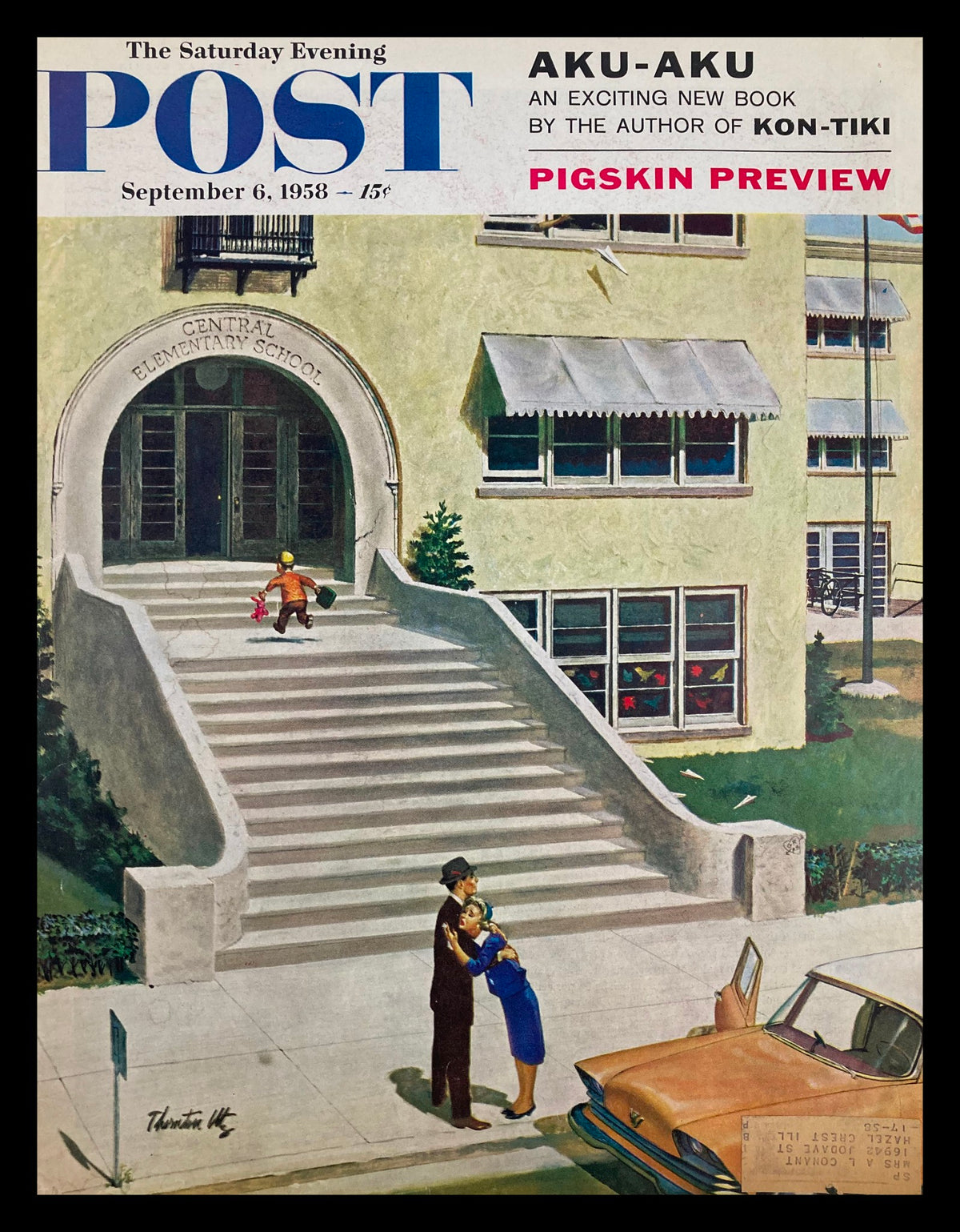 The Saturday Evening Post cover from September 6, 1958 featuring the Aku-Aku Book by Kon-Tiki, showing a couple embracing in front of Central Elementary School.