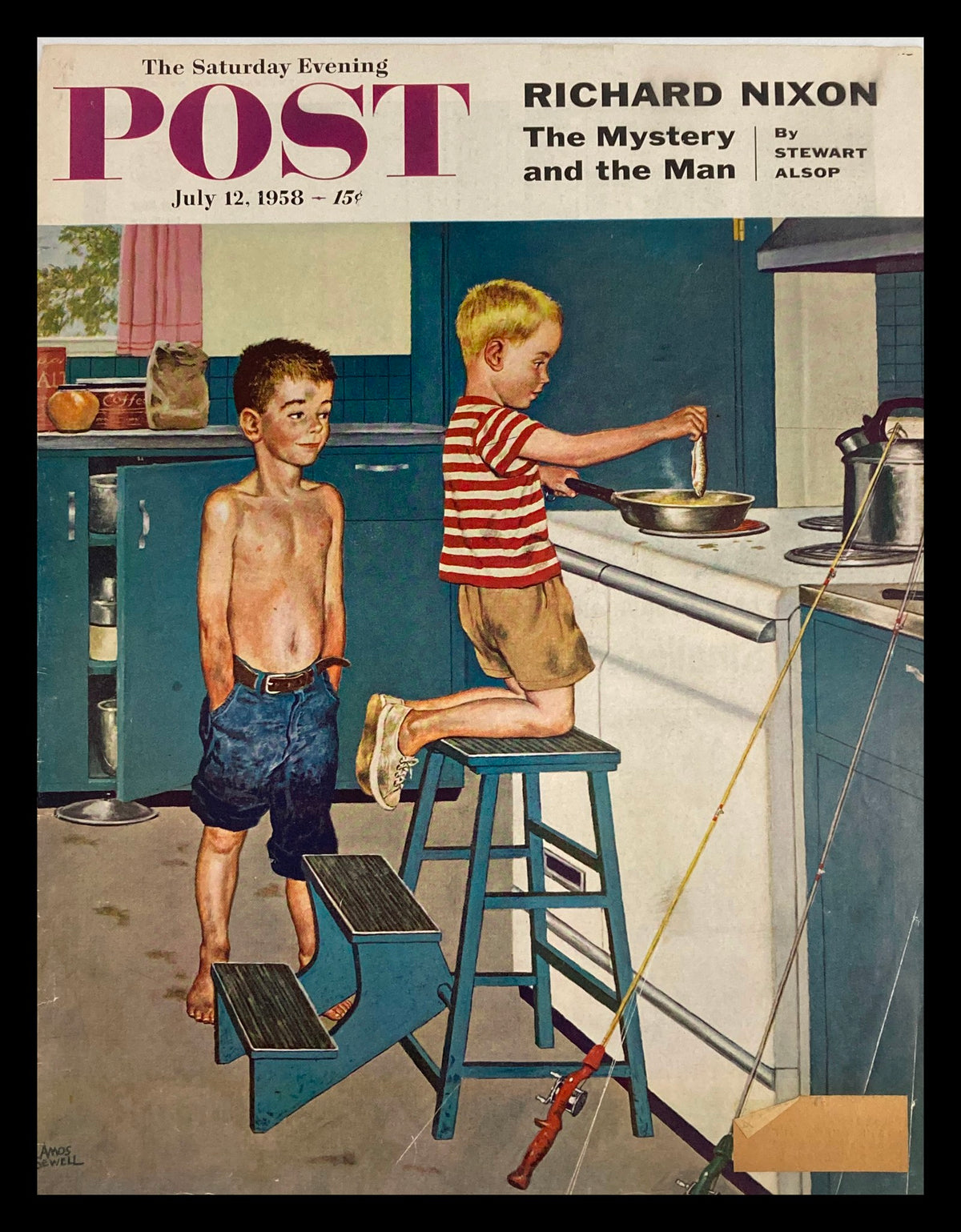 The Saturday Evening Post July 12 1958 cover featuring Richard Nixon, titled 'The Mystery Man and the Man,' depicting two boys in a kitchen setting, showcasing nostalgic Americana.
