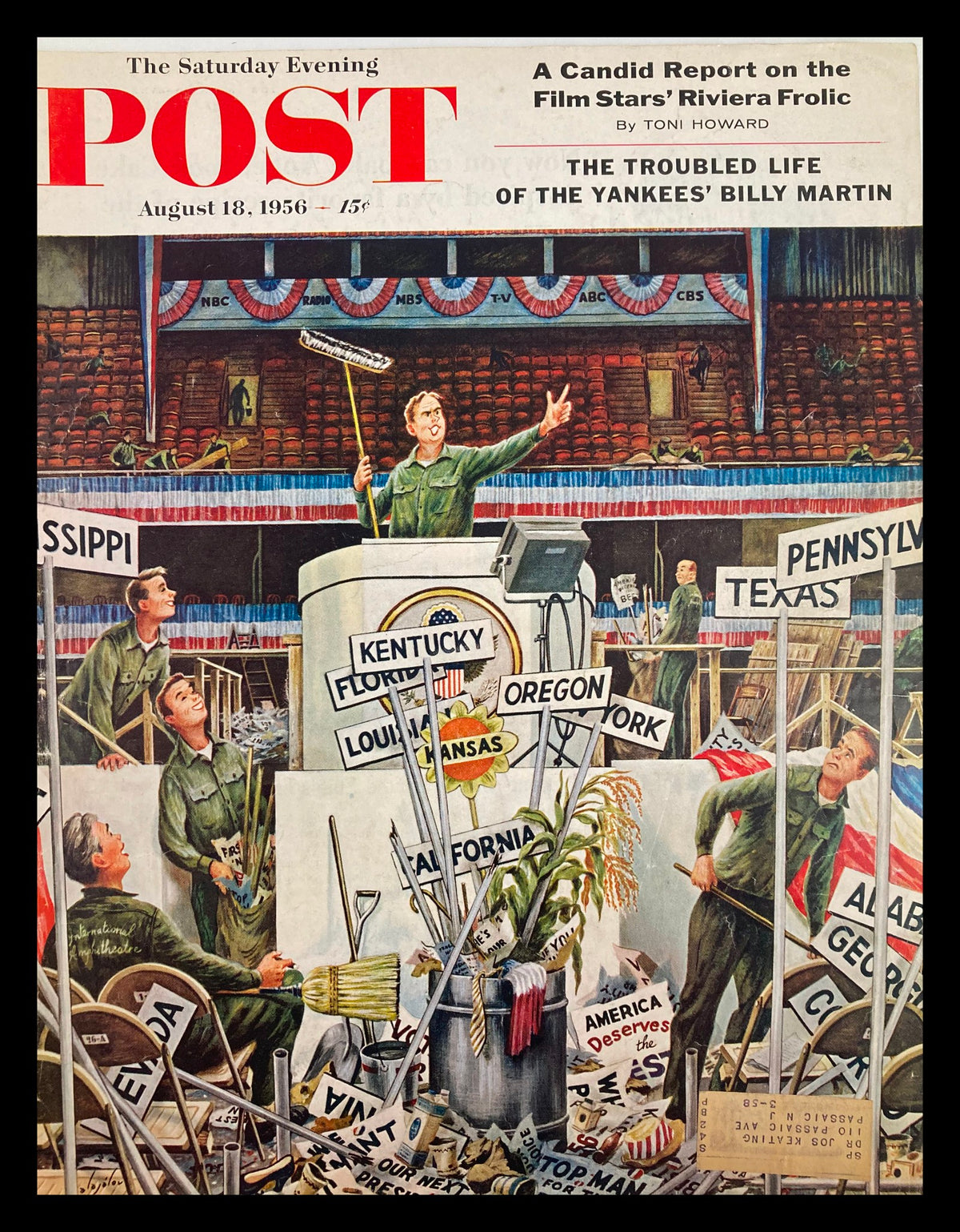 Cover of The Saturday Evening Post dated August 18, 1956 featuring a colorful illustration of laborers preparing for an event, emphasizing the troubled life of Yankees player Billy Martin.