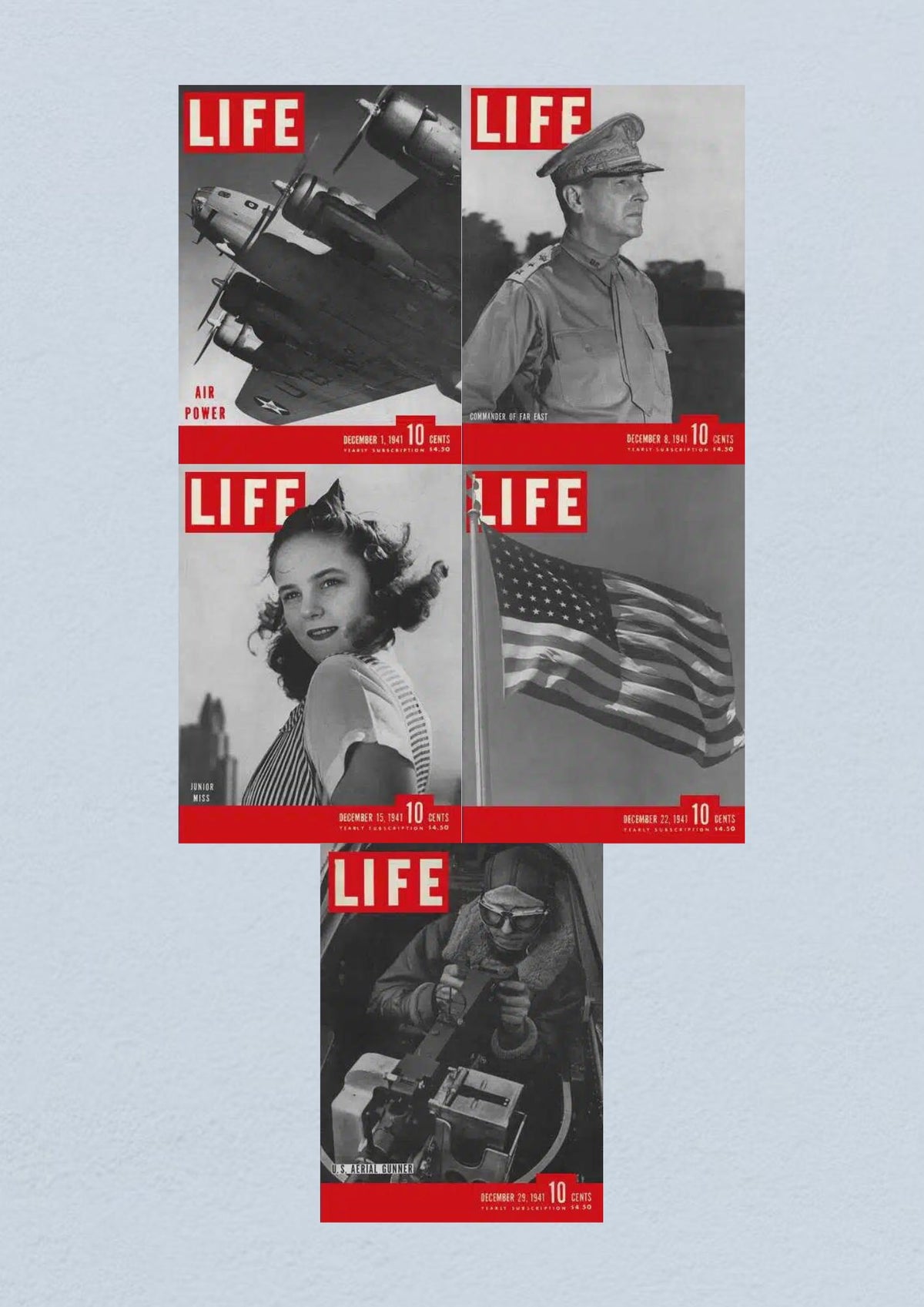 Life Magazine Lot of 5 Full Month of December 1941 featuring covers from December 1, 8, 15, 22, and 29, showcasing highlights from World War II, with images of air power, military leaders, and American culture.