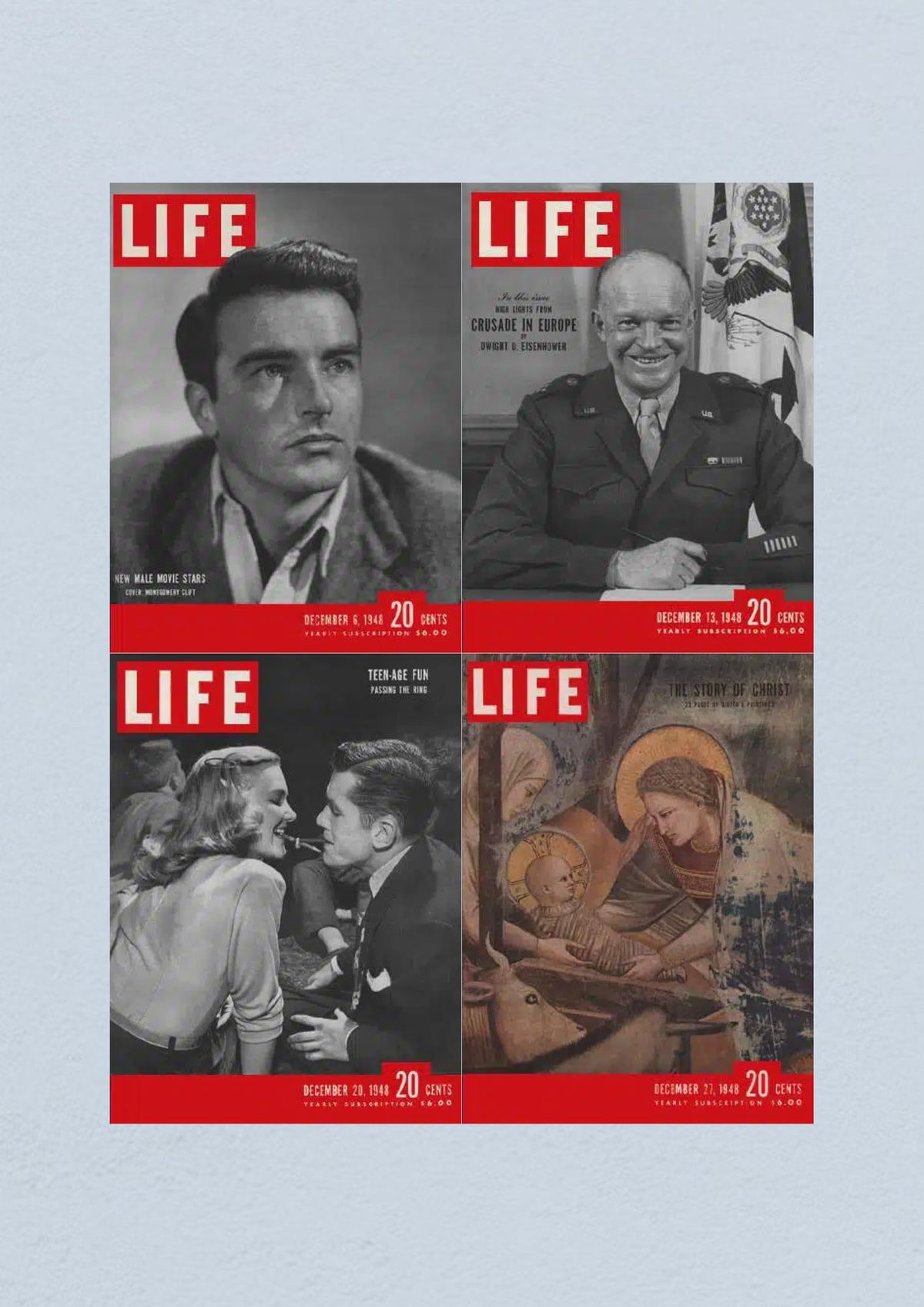 Life Magazine Lot of 4 Full Month of December 1948: Cover of December 6, featuring Montgomery Clift, highlights mid-20th century culture. Cover of December 13, featuring Dwight Eisenhower, showcases historical events. Cover of December 20 focuses on 'Teen-age Fun,' depicting a couple socializing. Cover of December 27 explores themes including family and technology.
