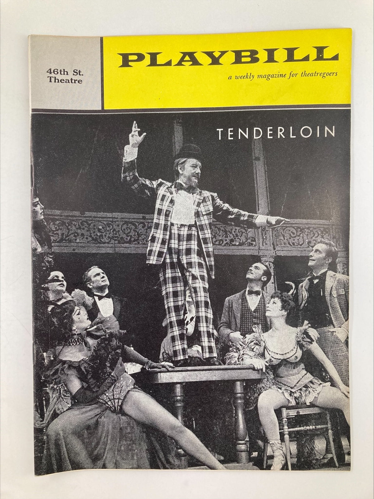 1961 Playbill from the Forty-Sixth Street Theatre featuring Maurice Evans in the production of Tenderloin showcasing theatrical performance.