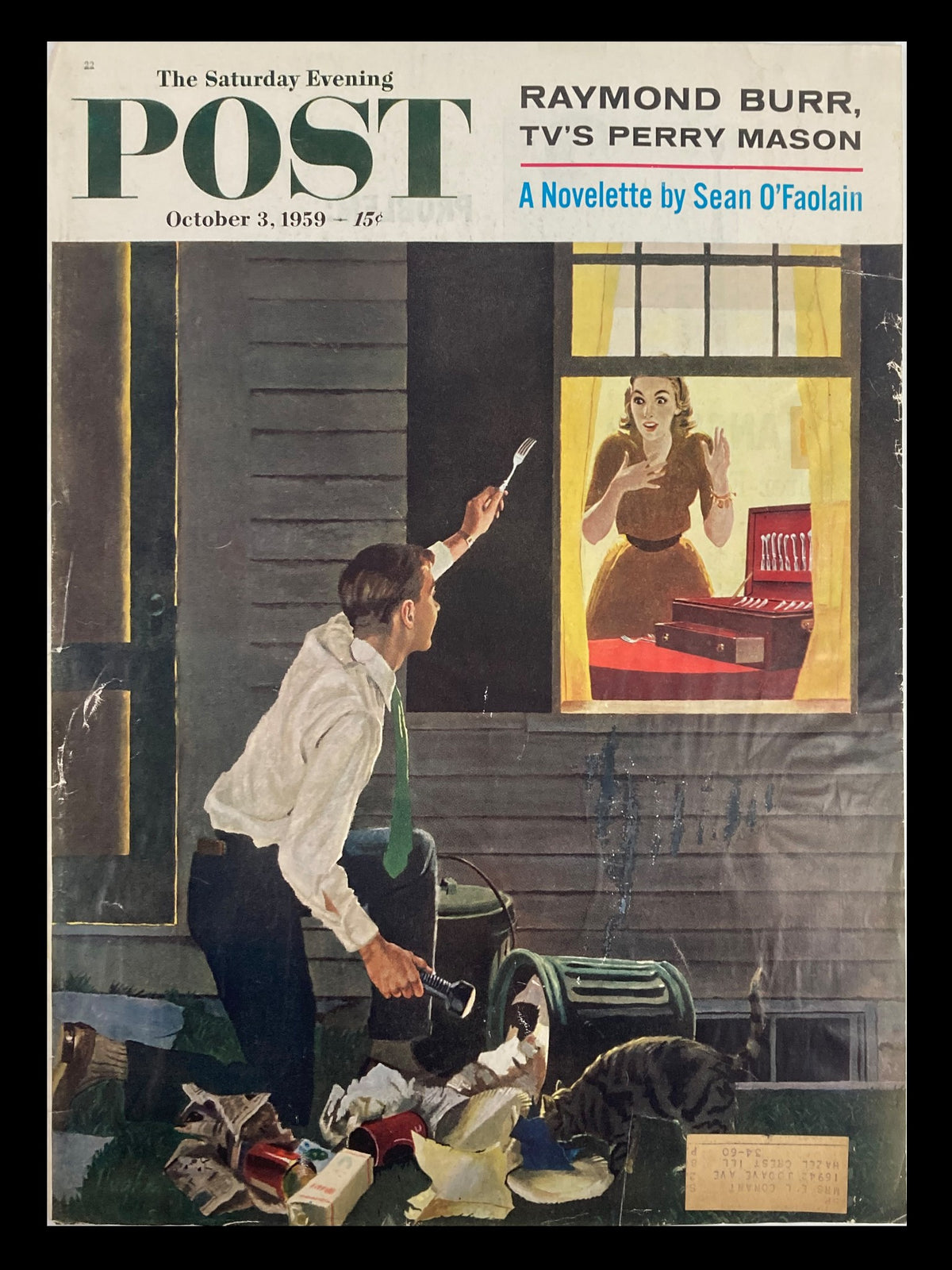 Cover of The Saturday Evening Post from October 3, 1959, featuring Raymond Burr as TV's Perry Mason. The cover illustration depicts a man with a flashlight on his knees next to trash, looking up at a woman in a window, adding a sense of drama and intrigue, perfect for vintage magazine collectors.