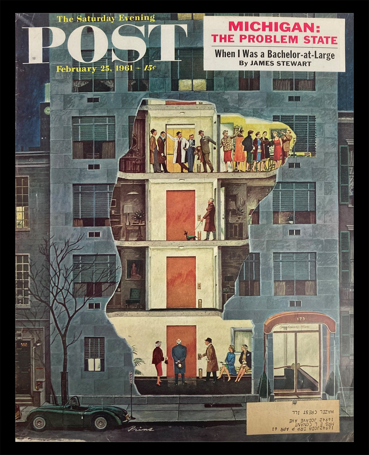 Cover of The Saturday Evening Post from February 25, 1961, titled 'Michigan: The Problem State', featuring a colorful illustration of people socializing in an apartment setting.