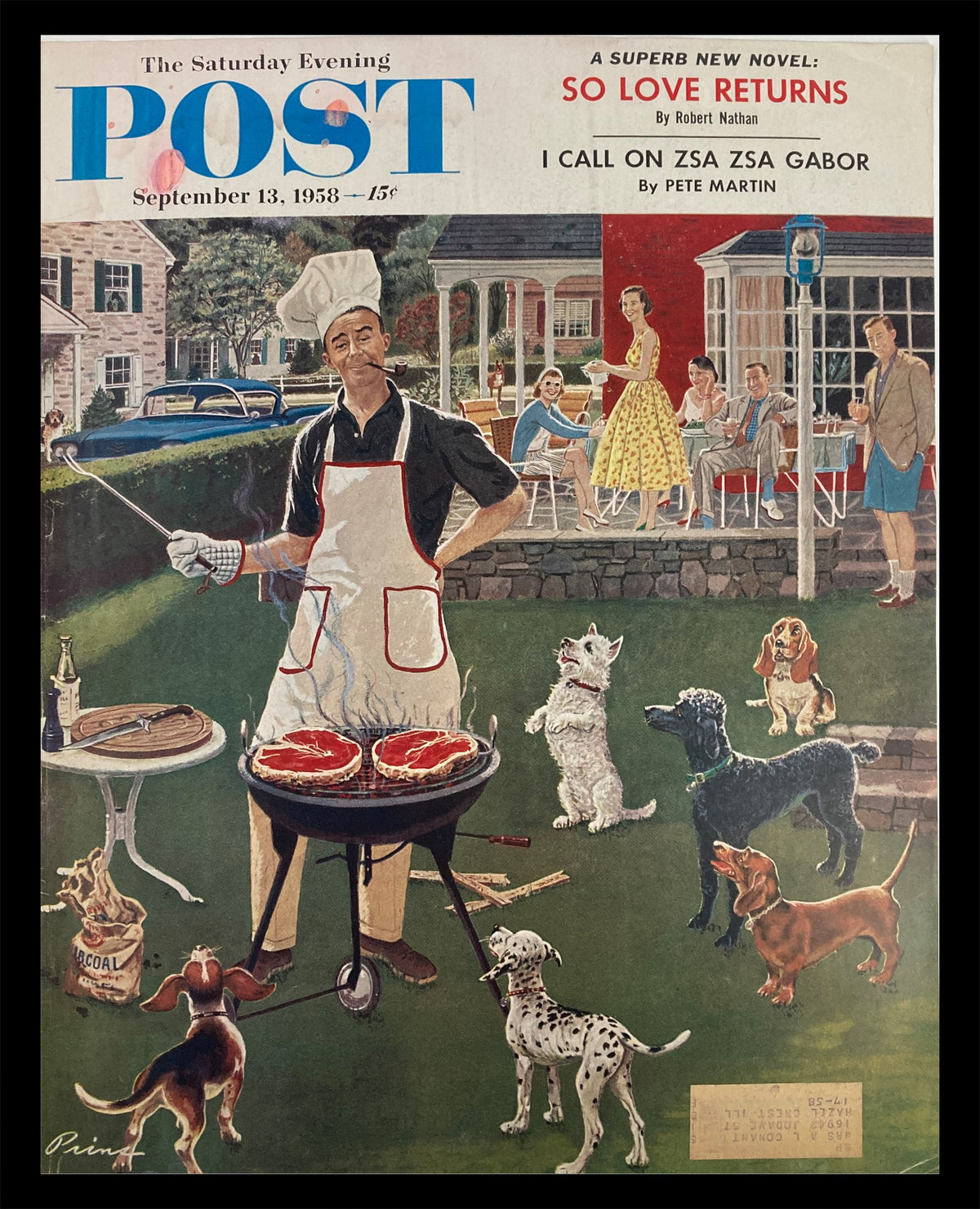 COVER ONLY The Saturday Evening Post September 13 1958, featuring a barbecue scene with a man grilling steaks surrounded by dogs and onlookers, capturing mid-20th century American culture and the charm of Zsa Zsa Gabor.