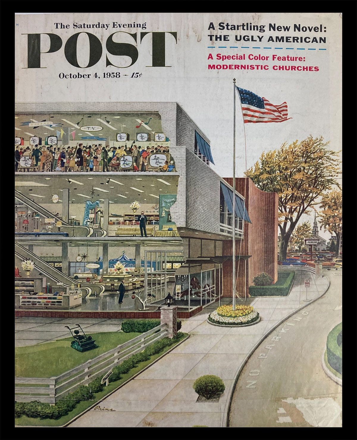 COVER ONLY The Saturday Evening Post October 4 1958 featuring a colorful illustration of modernistic churches and a bustling scene with people engaging in various activities, showcasing mid-century design.