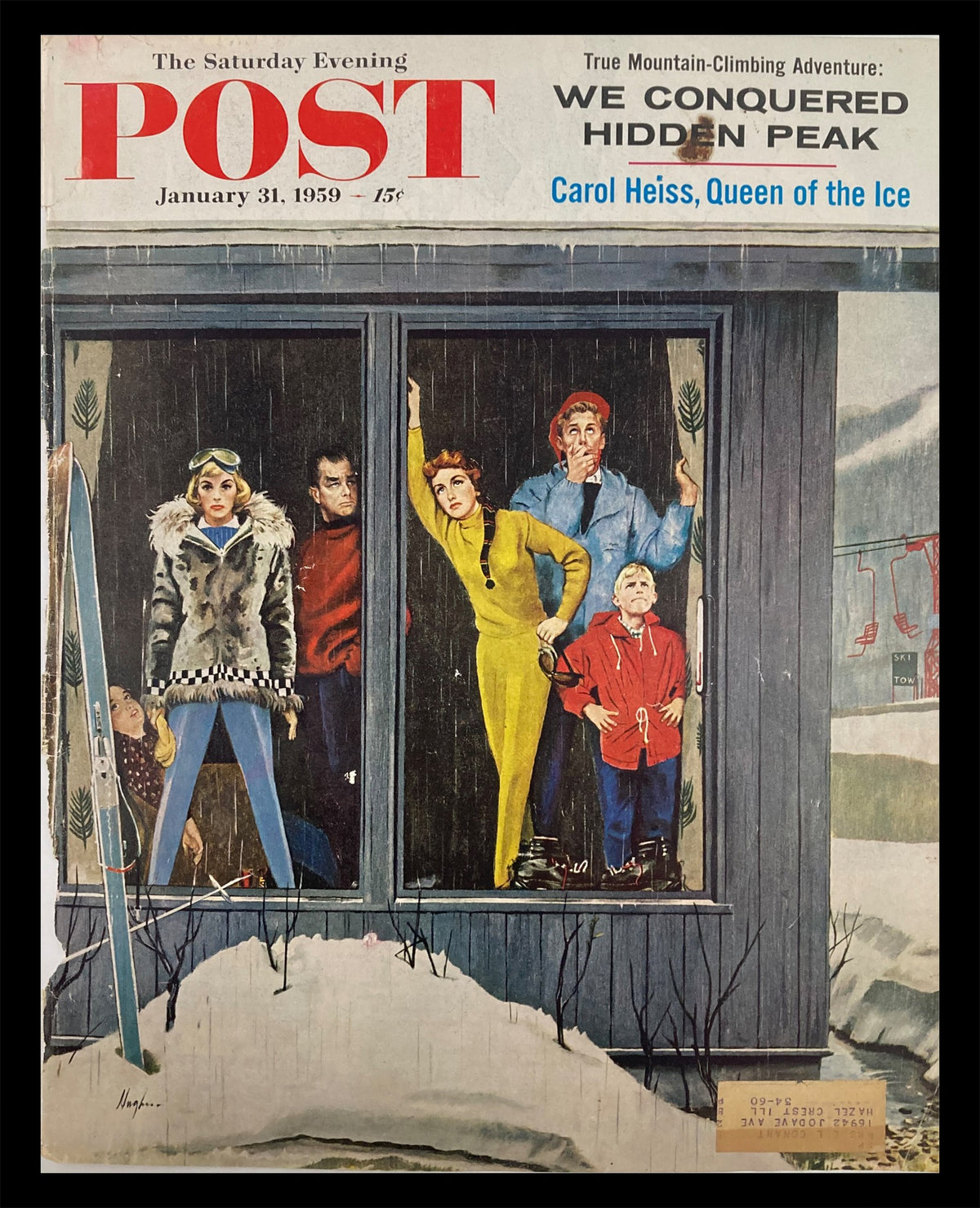 Cover of The Saturday Evening Post dated January 31, 1959, featuring Carol Heiss, Queen of Ice. The artwork depicts a group of individuals looking out from a window, surrounded by a snowy landscape, showcasing the nostalgia and charm of vintage magazine covers.