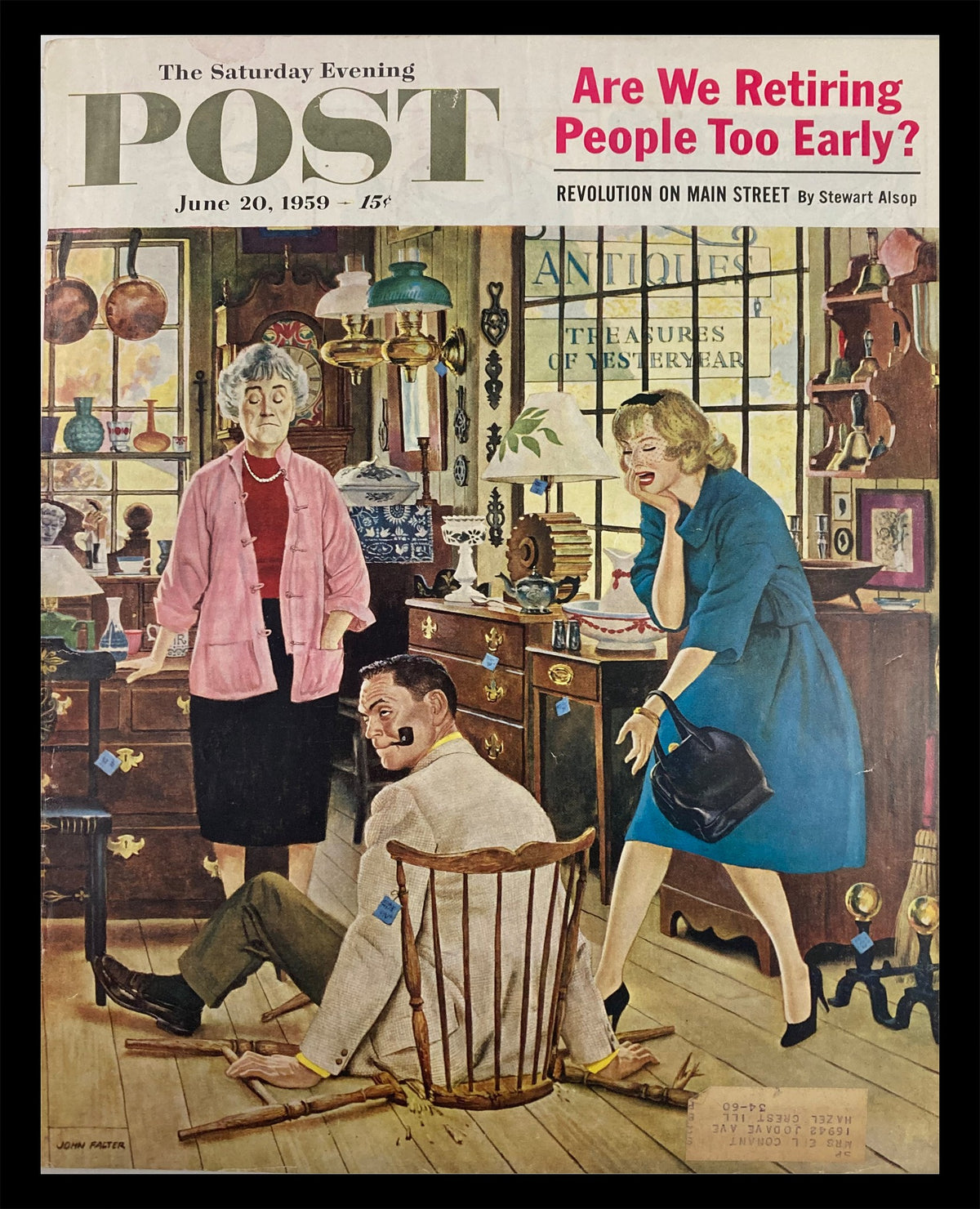Cover of The Saturday Evening Post June 20 1959 titled 'Revolution on Main Street,' featuring a humorous scene depicting a man in a broken chair surrounded by three women in vintage attire.