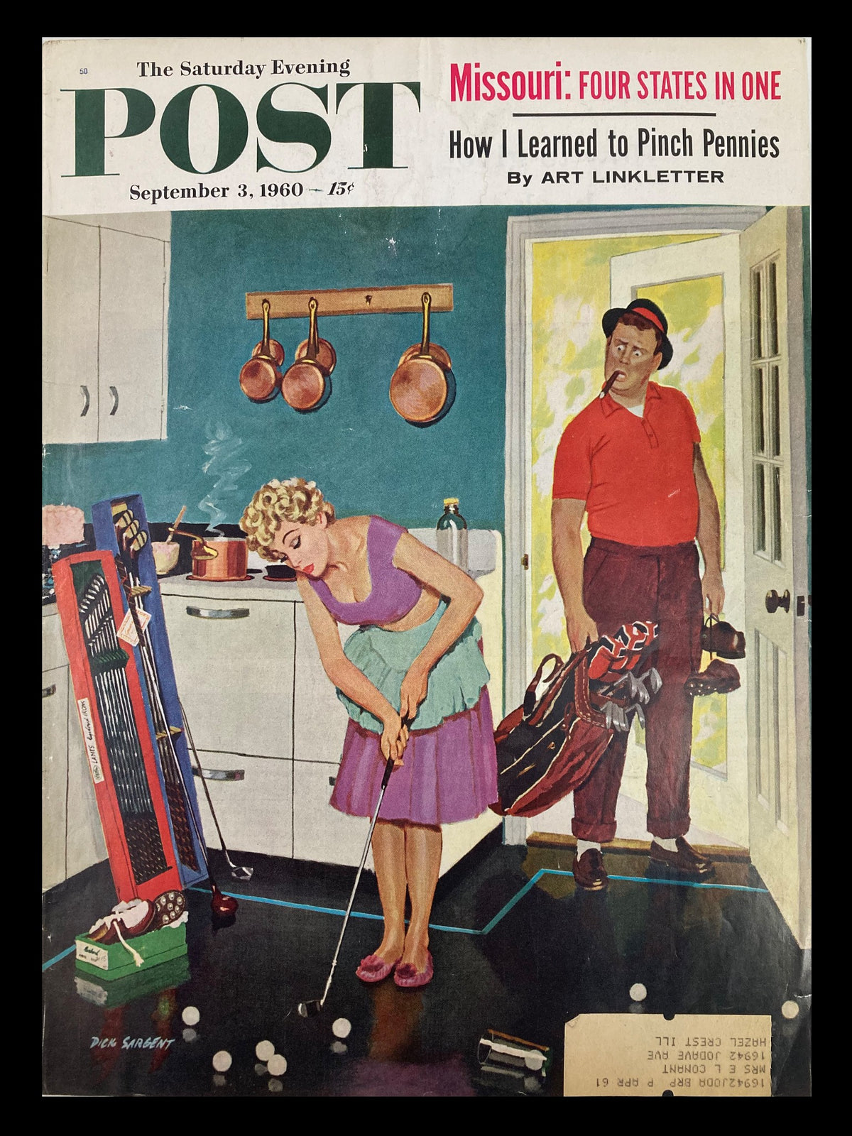 Cover only of The Saturday Evening Post from September 3, 1960, featuring a colorful illustration of a woman putting golf balls in a kitchen setting, with a man watching, exemplifying vintage Americana.