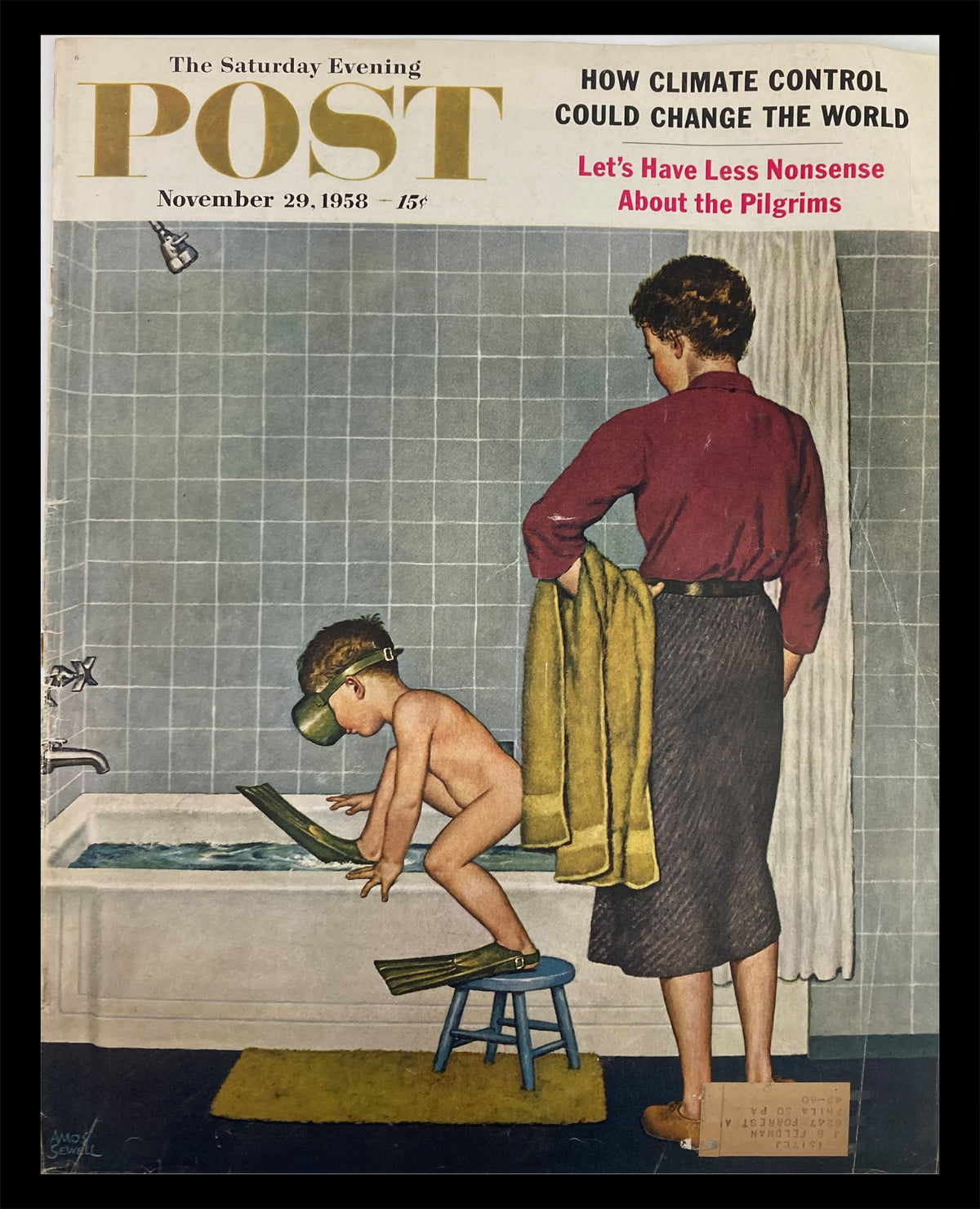 The Saturday Evening Post November 29 1958 Cover featuring a young boy playing with snorkel gear by a bathtub, highlighting themes of climate control and household life.