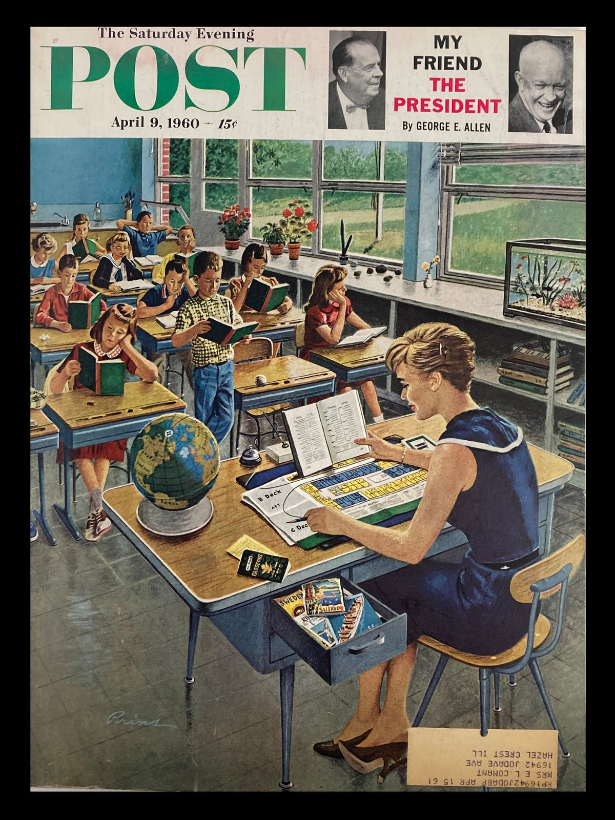 Cover of The Saturday Evening Post, April 9, 1960 featuring Dwight Eisenhower, depicting a classroom scene with children reading and a teacher at a desk.