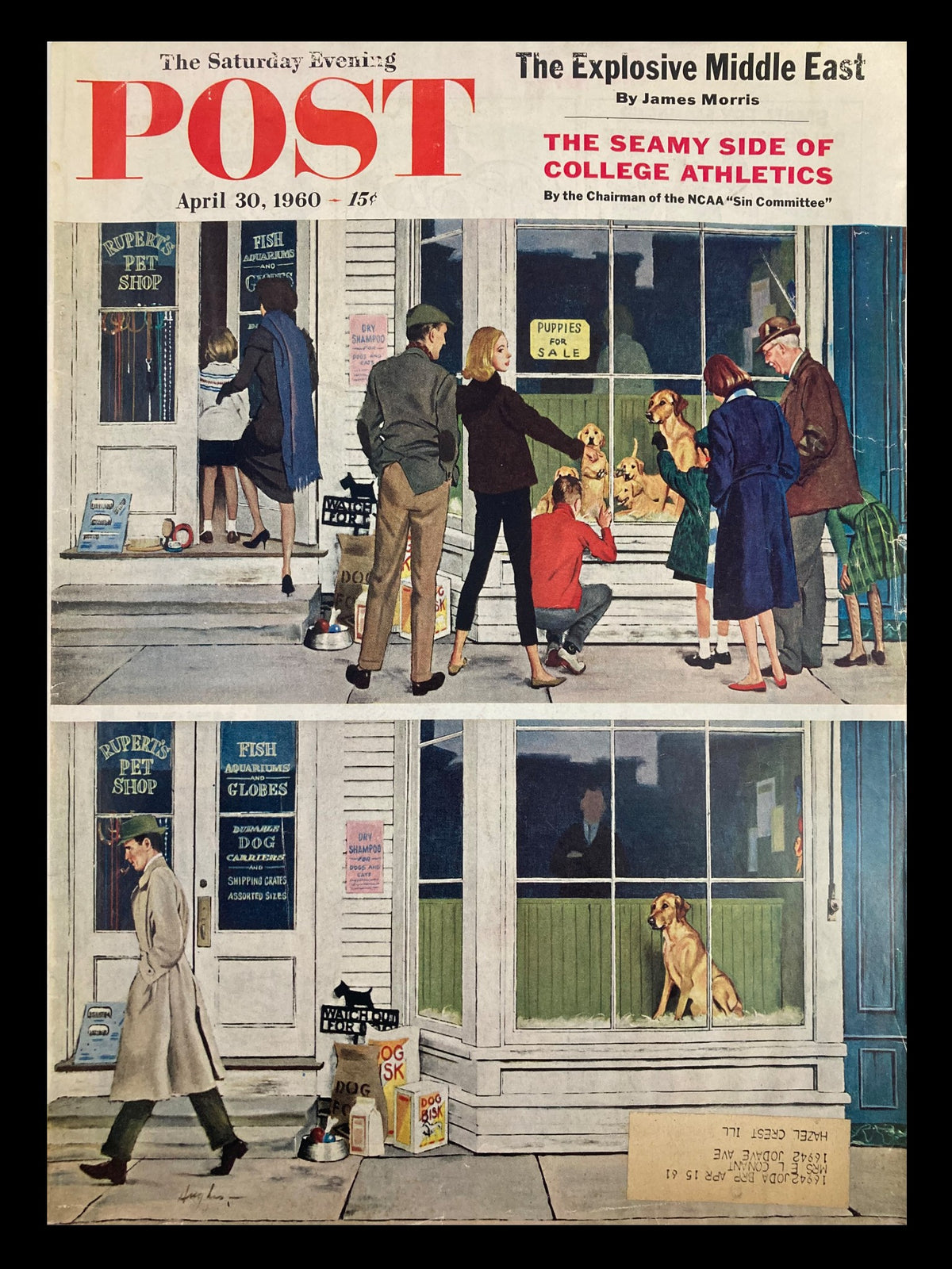 COVER ONLY The Saturday Evening Post April 30 1960 titled 'The Explosive Middle East'. This vintage magazine cover features a lively pet shop scene with people admiring puppies for sale, depicting a touch of Americana from the 1960s.