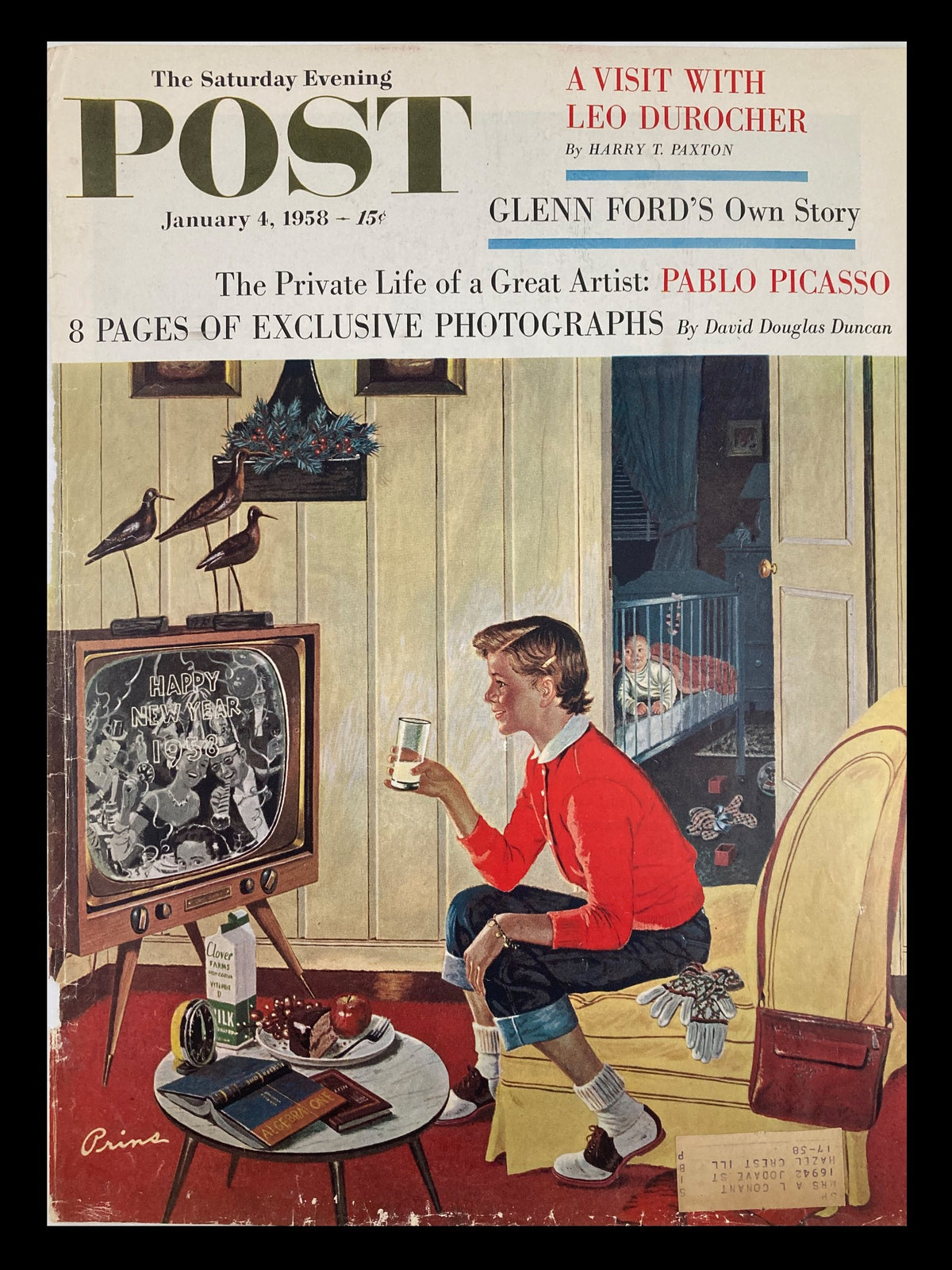 Cover of The Saturday Evening Post from January 4, 1958 featuring Glenn Ford's Own Story. The image shows a young boy enjoying a drink by a Christmas-themed living room, with a retro television displaying a New Year celebration.