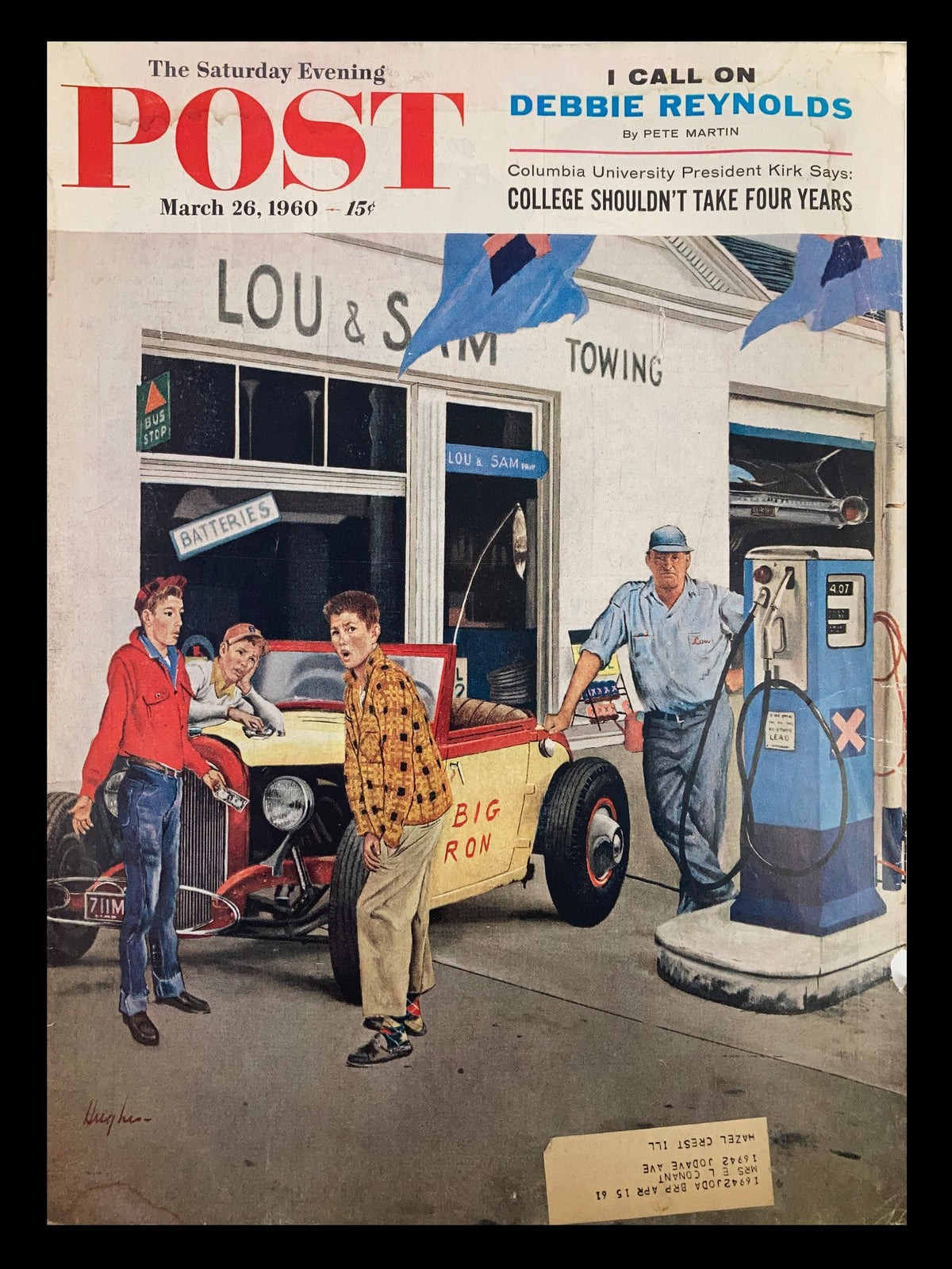 Cover of The Saturday Evening Post from March 26, 1960, featuring an illustration with Debbie Reynolds and a classic car at Lou & Sam's Towing service.