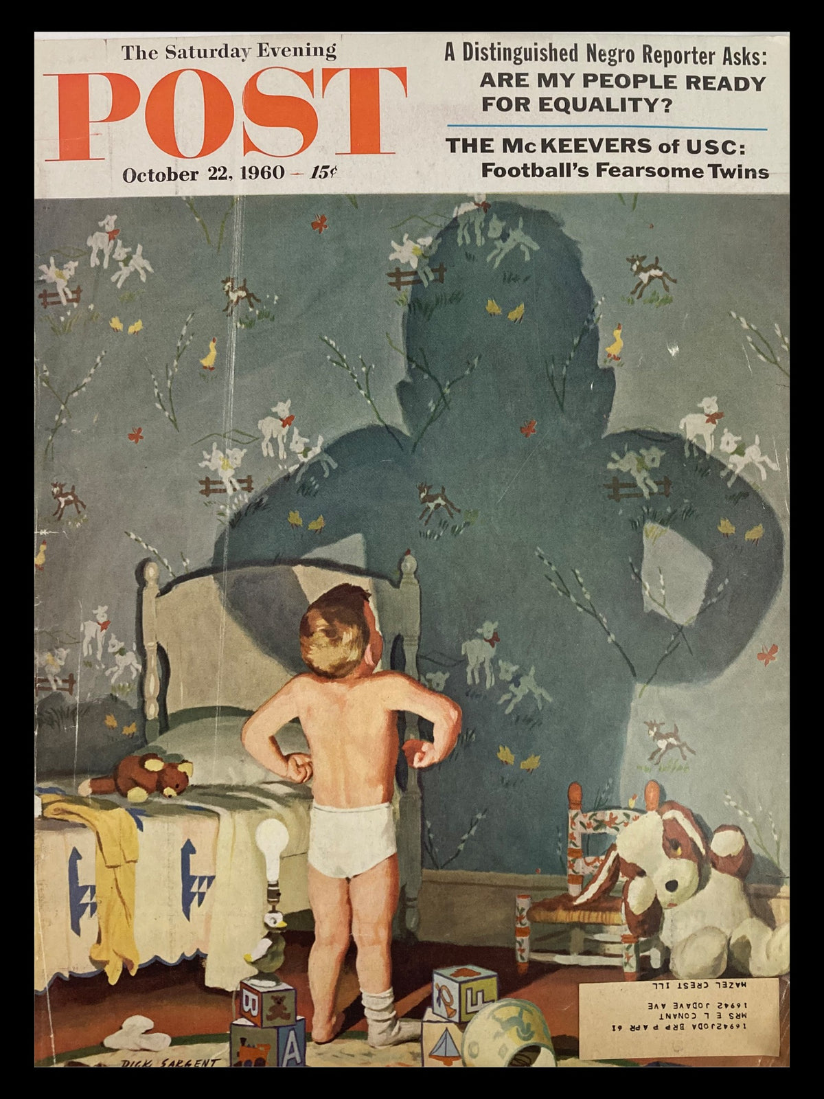 COVER ONLY The Saturday Evening Post October 22 1960 featuring The McKeevers of USC, showcasing a whimsical illustration of a young boy in his bedroom, surrounded by toys and a playful shadow on the wall.