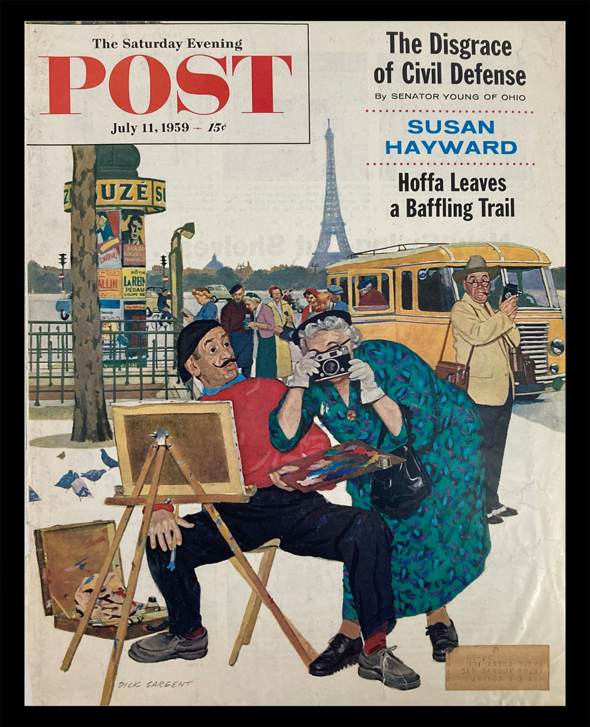 The Saturday Evening Post July 11 1959 cover featuring an illustration by Dick Sargent, depicting artists and a woman taking a photo, with the Eiffel Tower in the background.