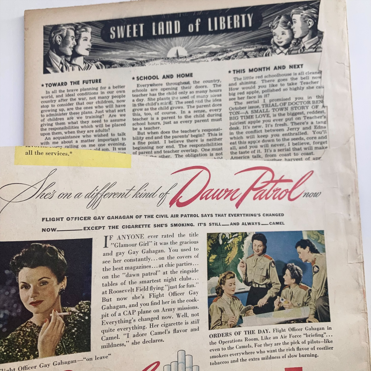 Interior page from the VTG True Story Magazine October 1943 featuring an article titled 'Sweet Land of Liberty' with illustrations of people and a piece about Flight Officer Gay Gahagan.