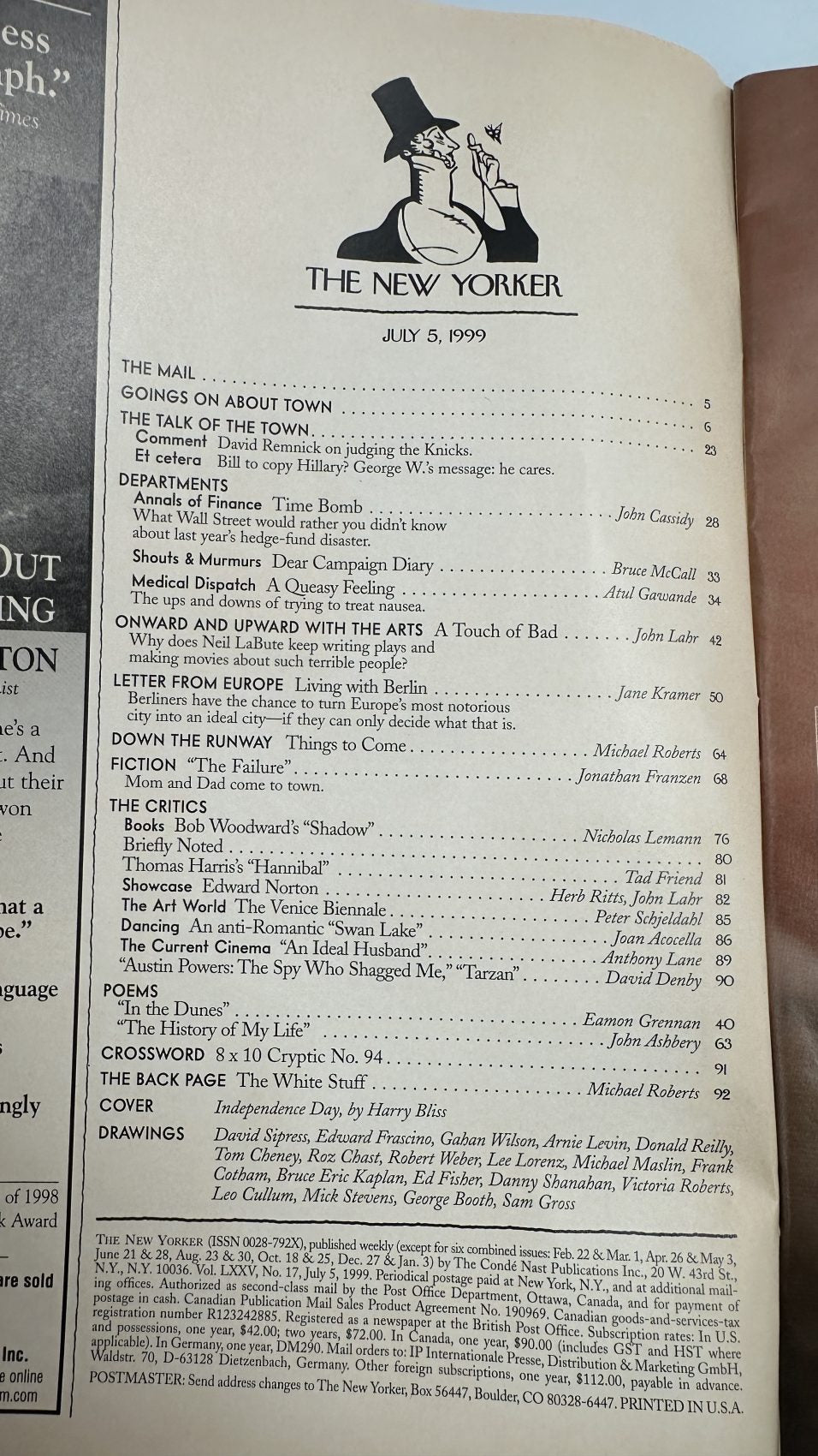 The New Yorker July 5, 1999 contents page